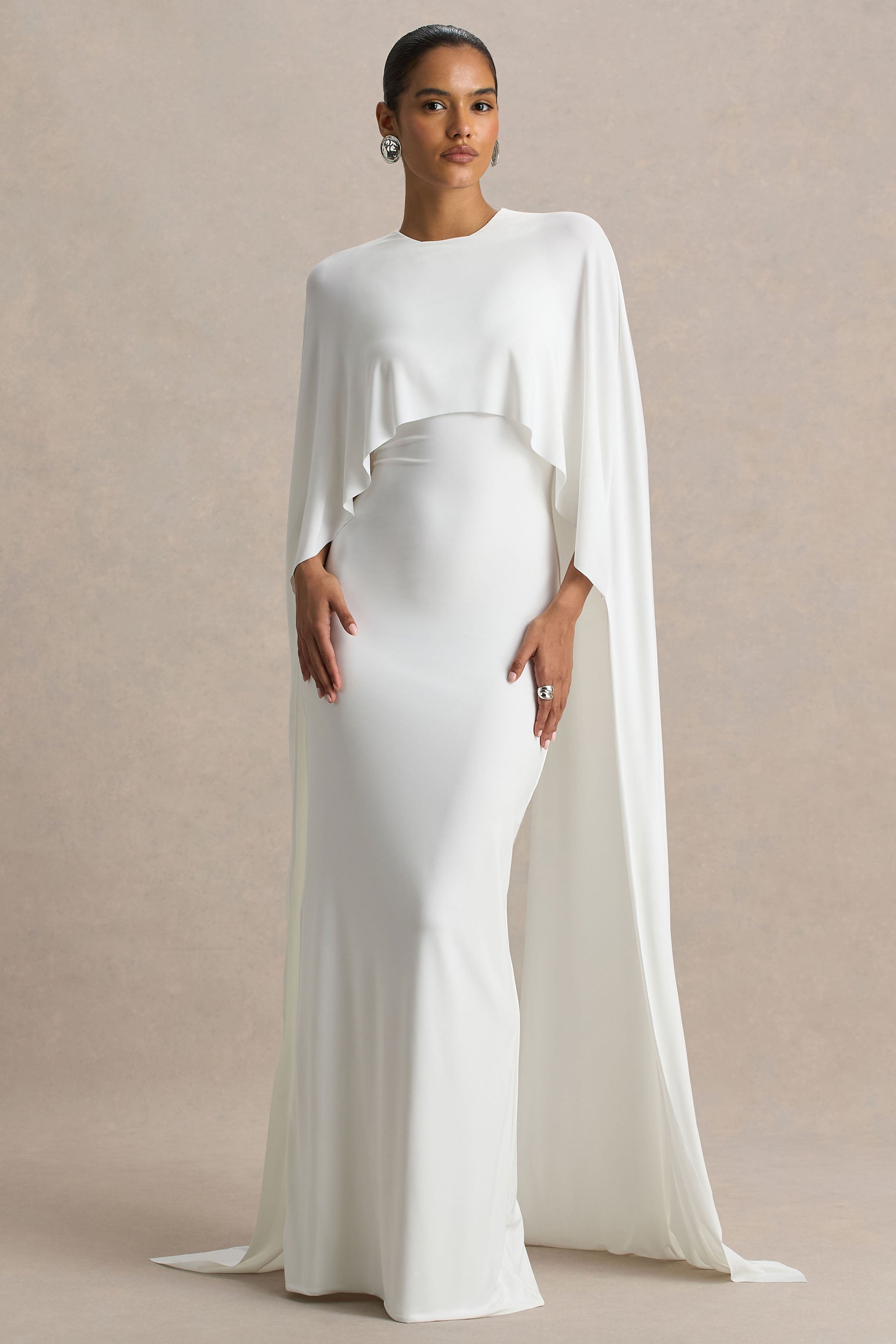 Padma | White Draped Maxi Dress With Cape Sleeves