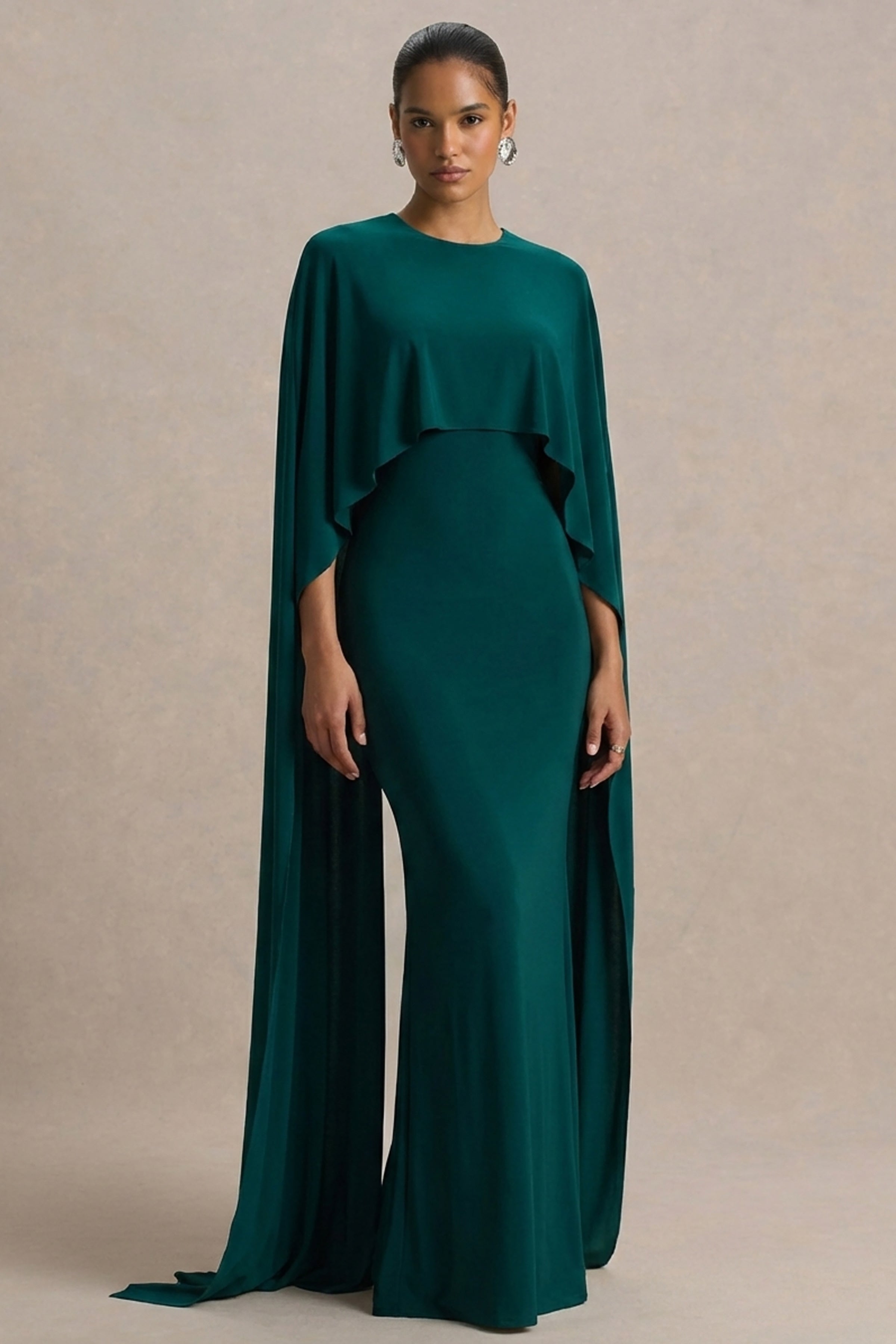 Padma | Bottle Green Draped Maxi Dress With Cape Sleeves