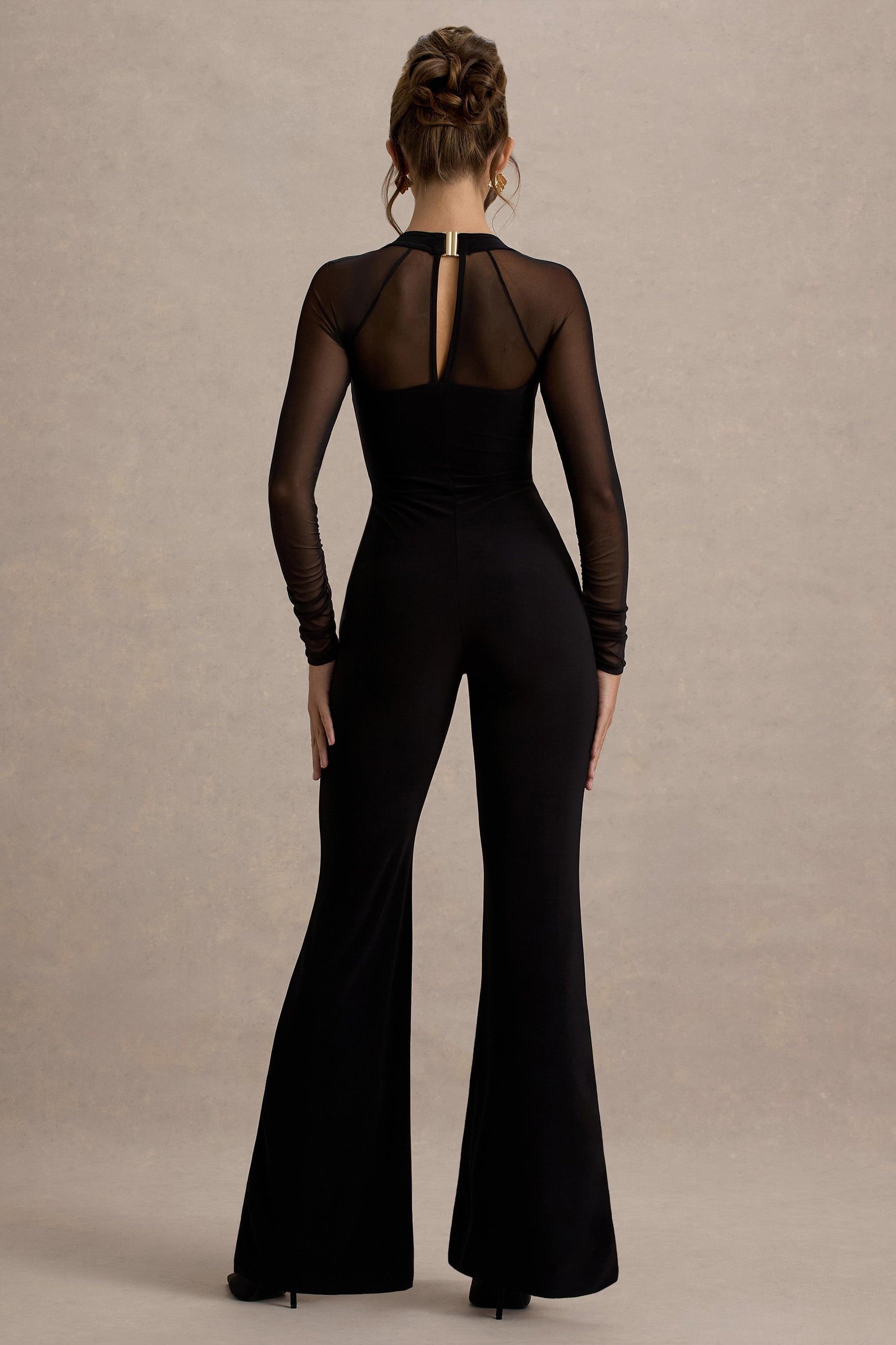 On Track | Black Flared-Leg Jumpsuit With Sheer Sleeves