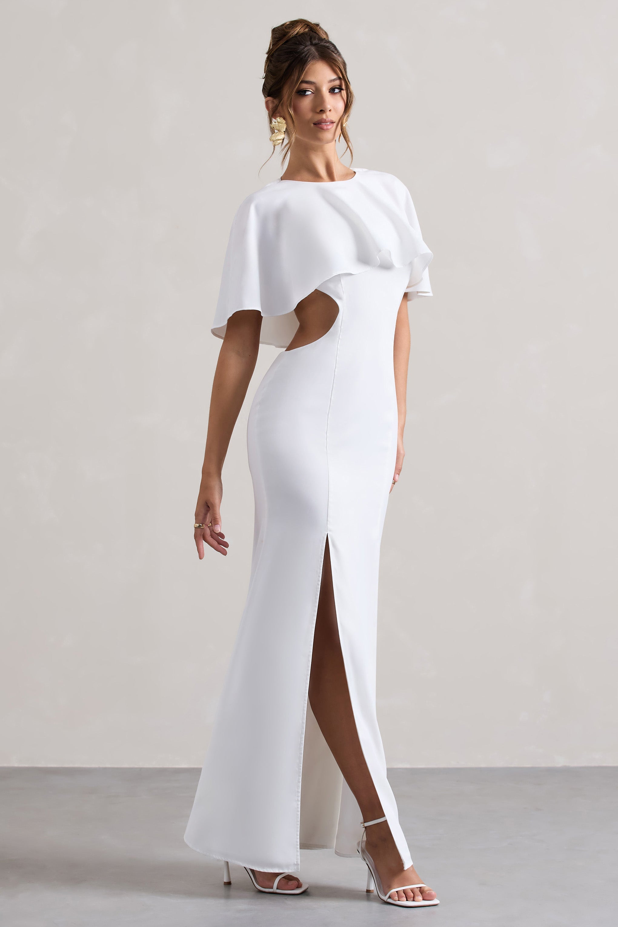 Isadora | Ivory Cut-Out Split Maxi Dress With Cape