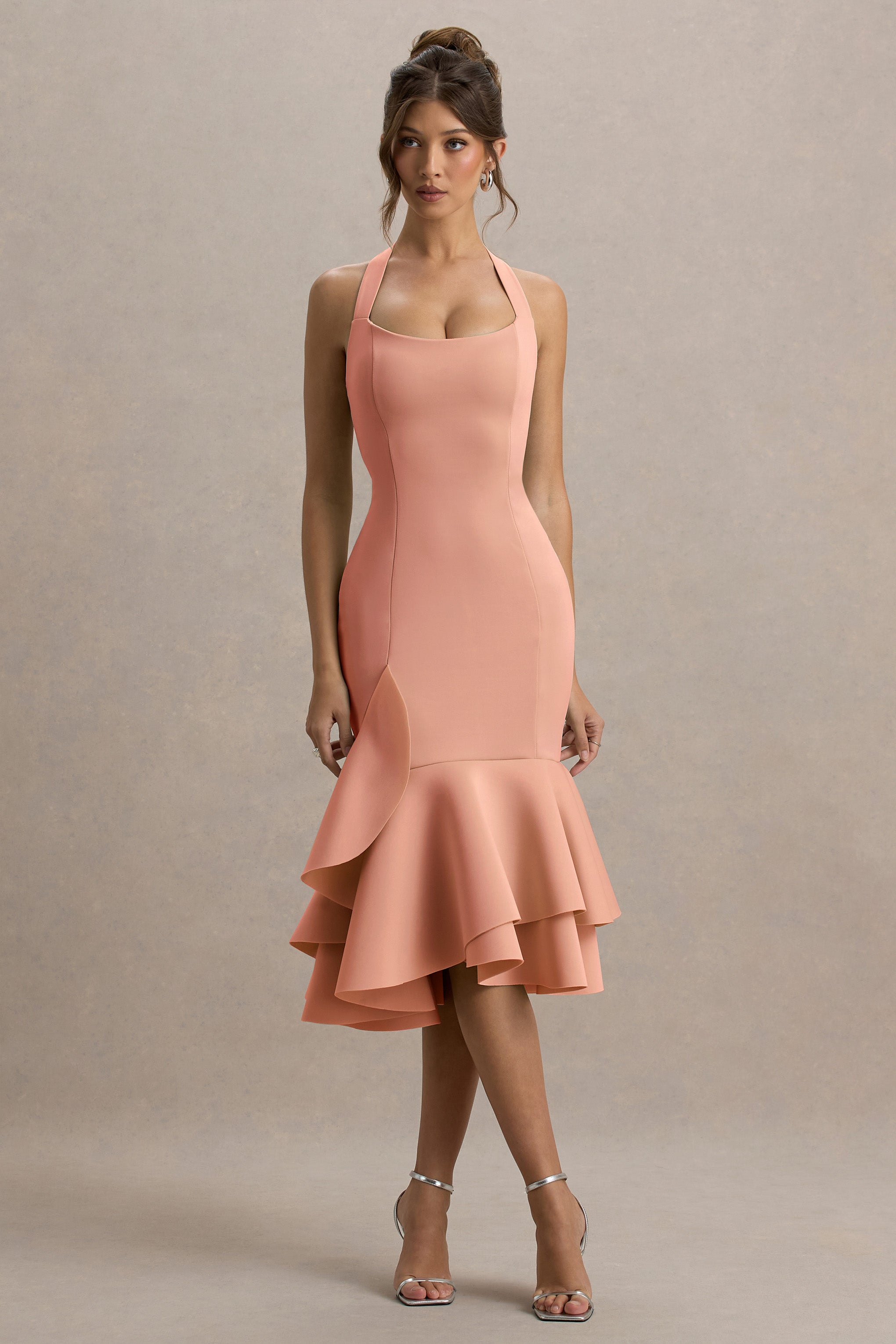 Arla | Pink Halter Neck Ruffle Trim Midi Dress