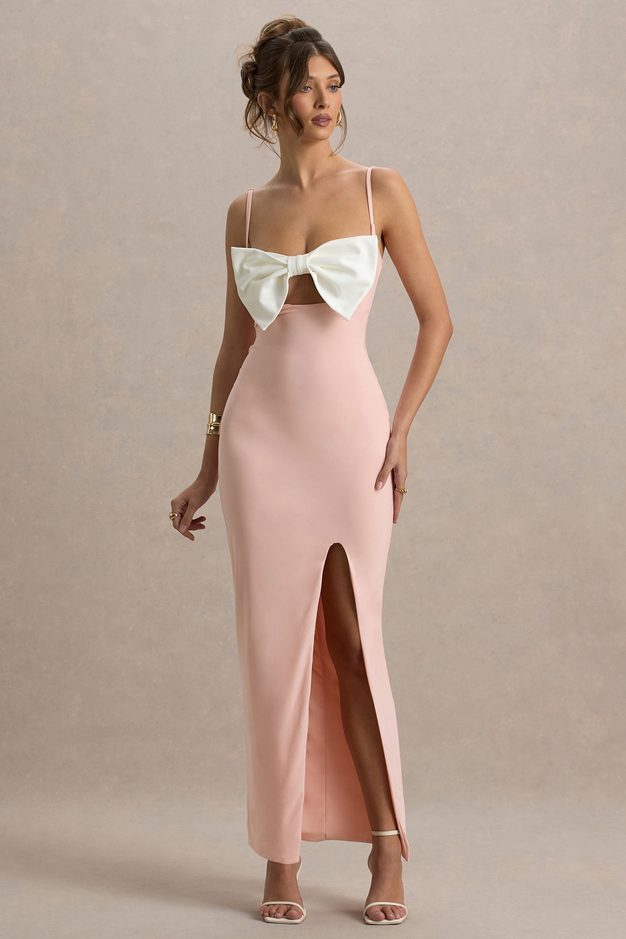 Emmalou | Pink & White Strappy Split Maxi Dress With Bow