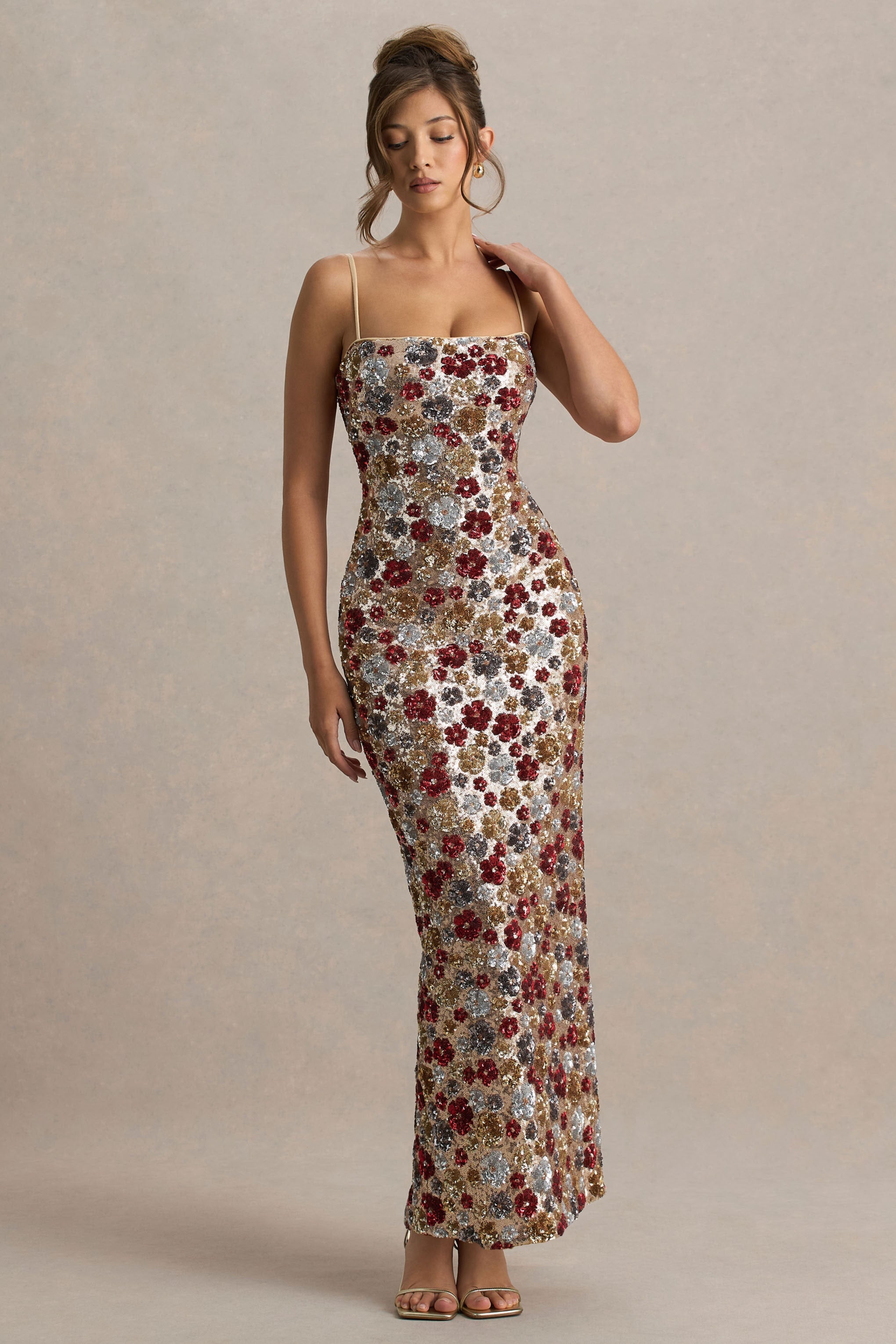 Vitora | Red Floral Embellished Sequin Square-Neck Maxi Dress