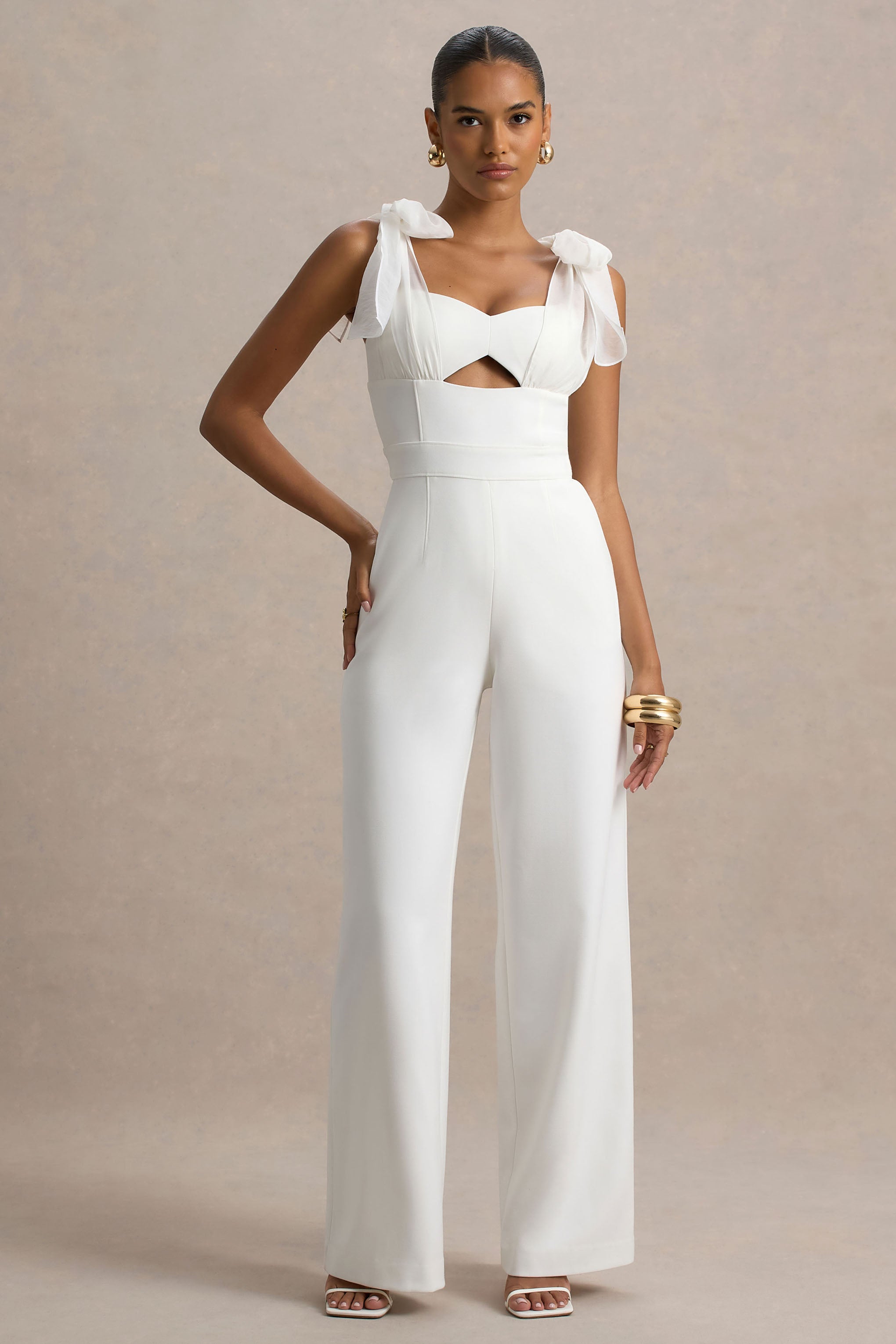Claudelle | White Flared-Leg Jumpsuit With Organza Bow Straps
