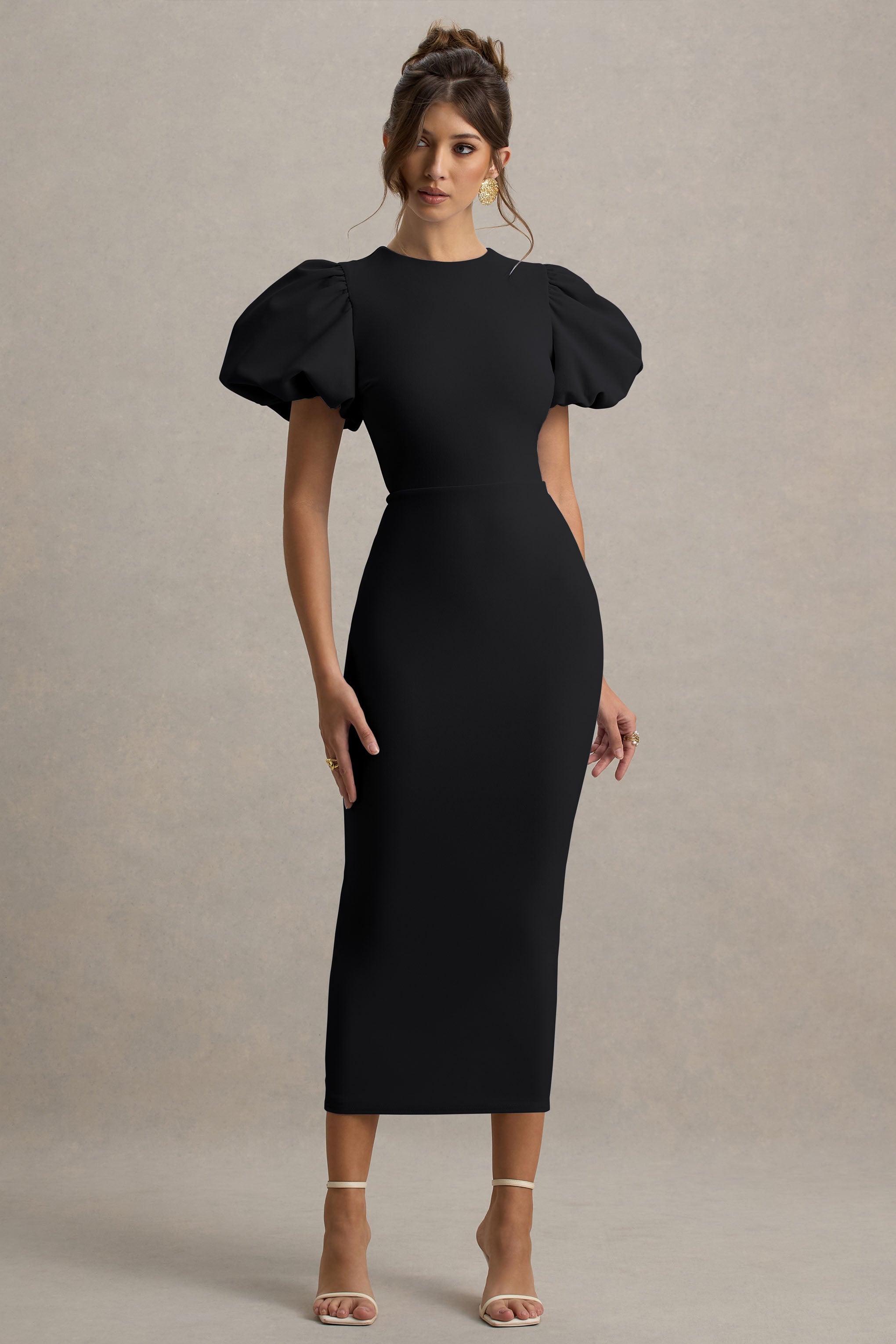 Dakota | Black Puff-Sleeve Midi Dress