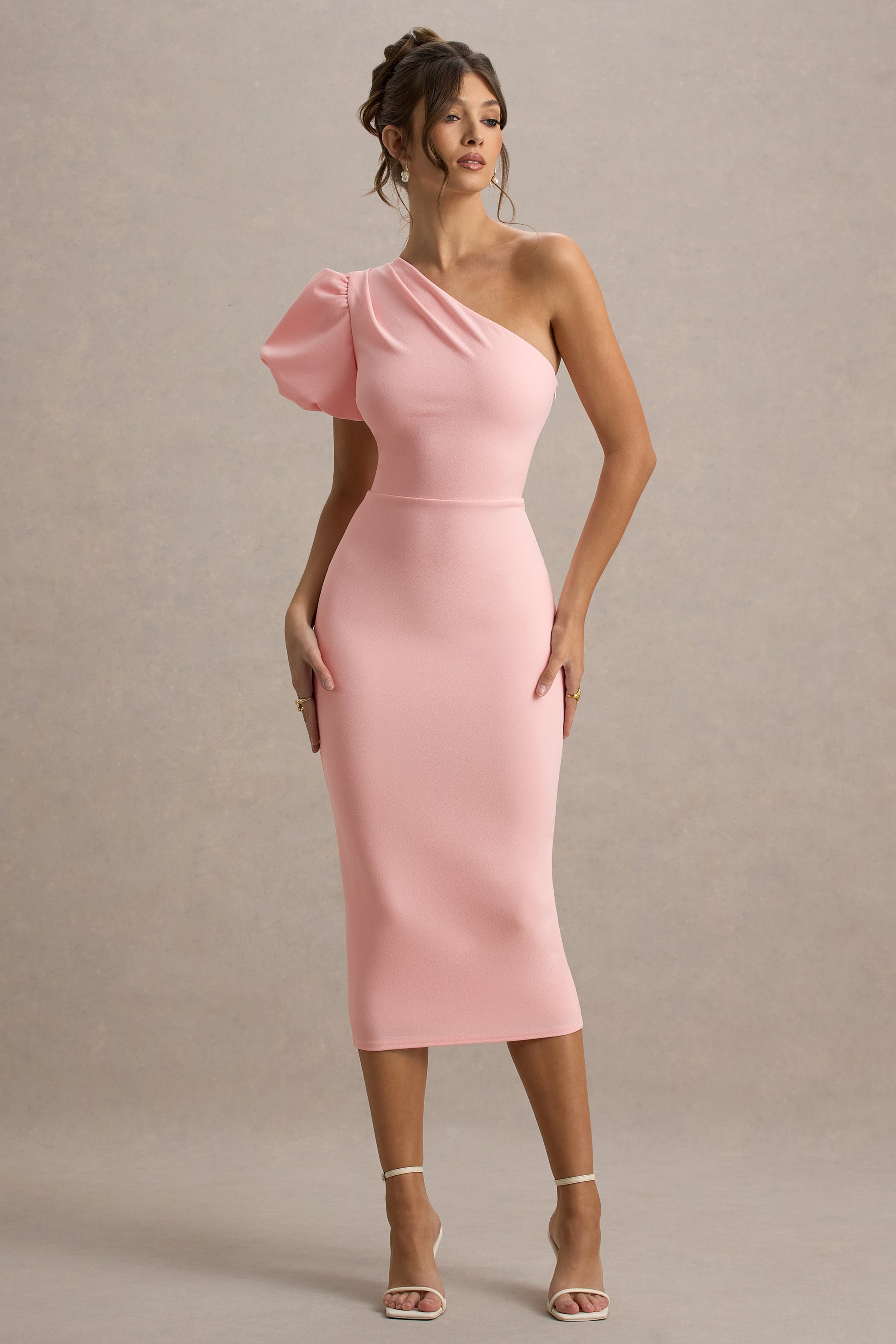 Aimee | Pink Asymmetric Puff-Sleeve Midi Dress