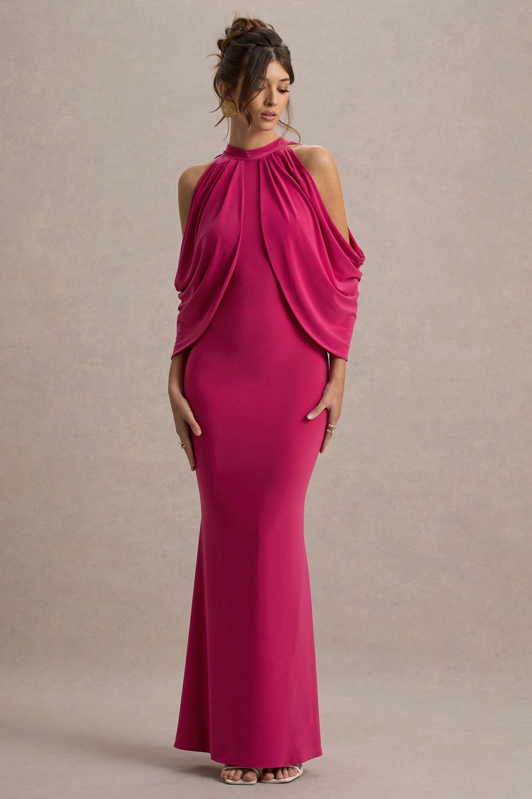 Teresa | Hot Pink High-Neck Cold-Shoulder Maxi Dress