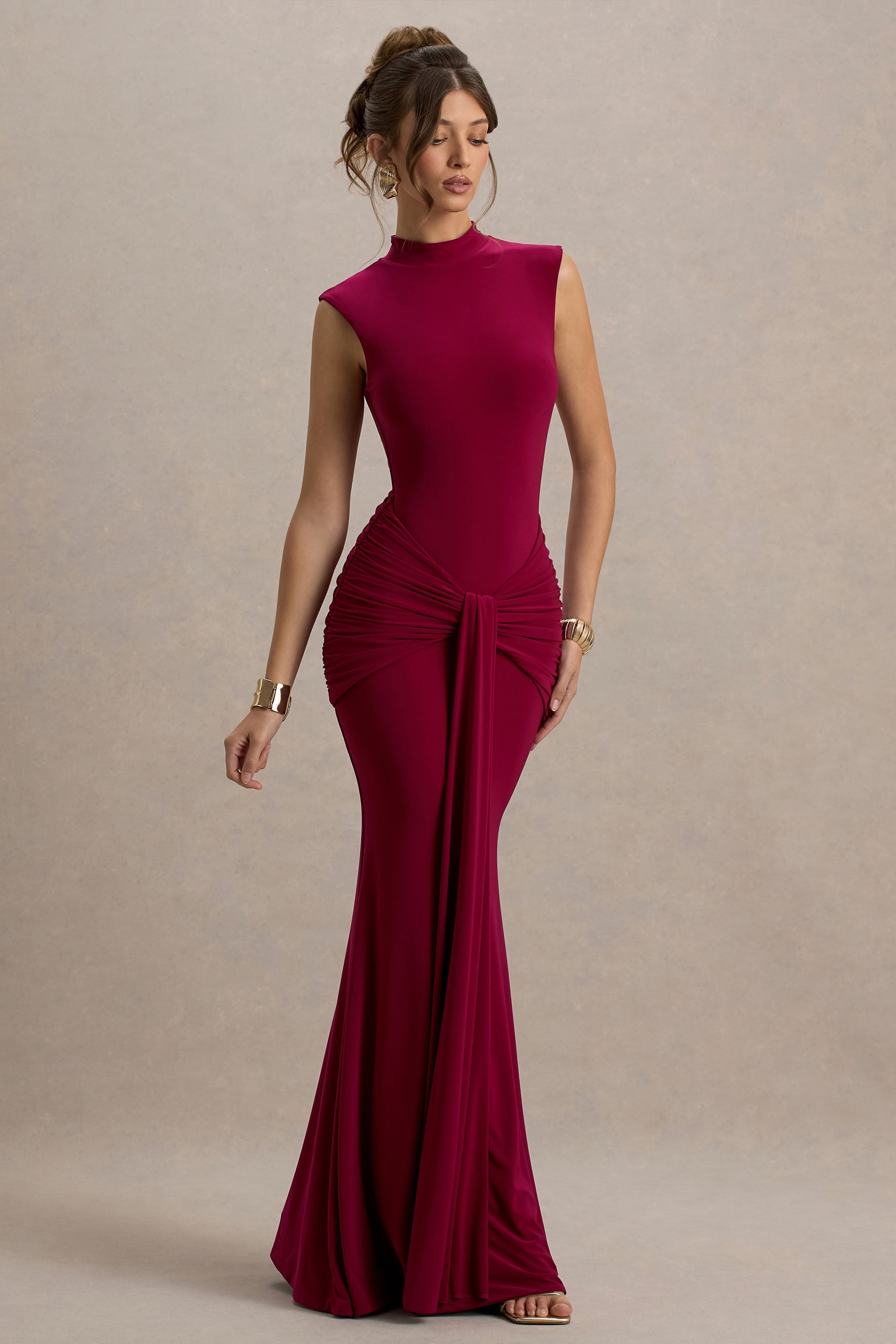 Graziana | Burgundy High-Neck Gathered Draped Maxi Dress