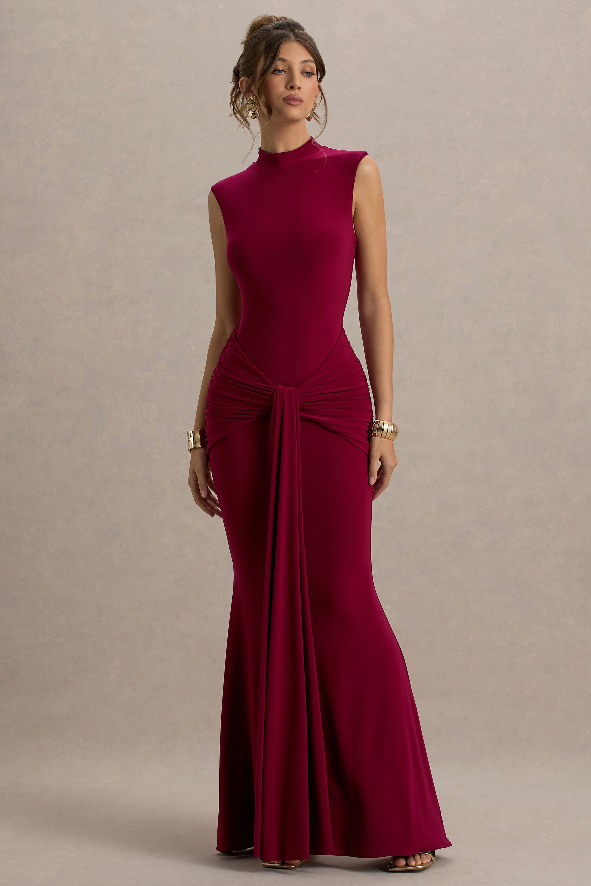 Graziana | Burgundy High-Neck Gathered Draped Maxi Dress