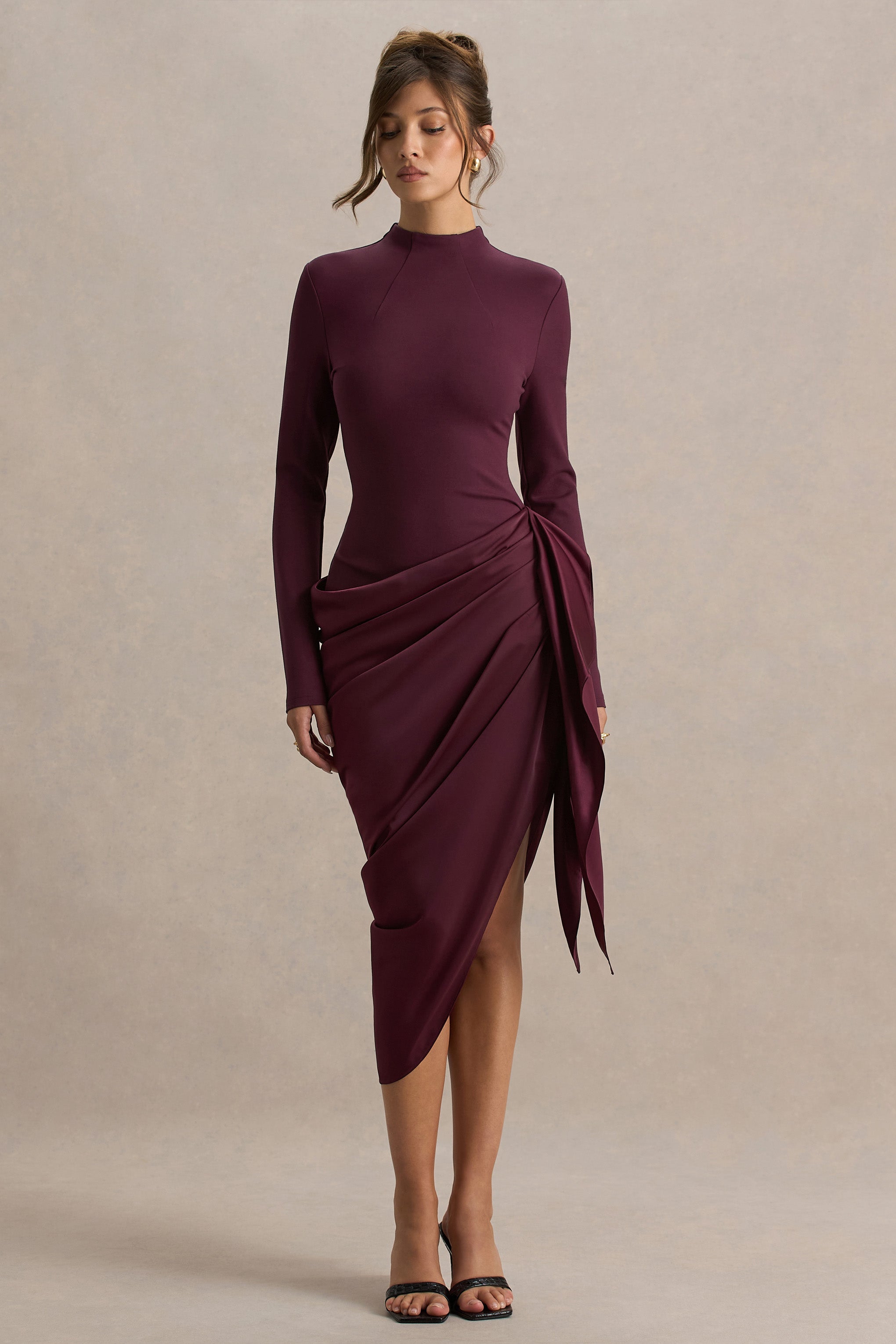 Raffie | Plum Long-Sleeve Midi Dress With Satin Wrap Skirt