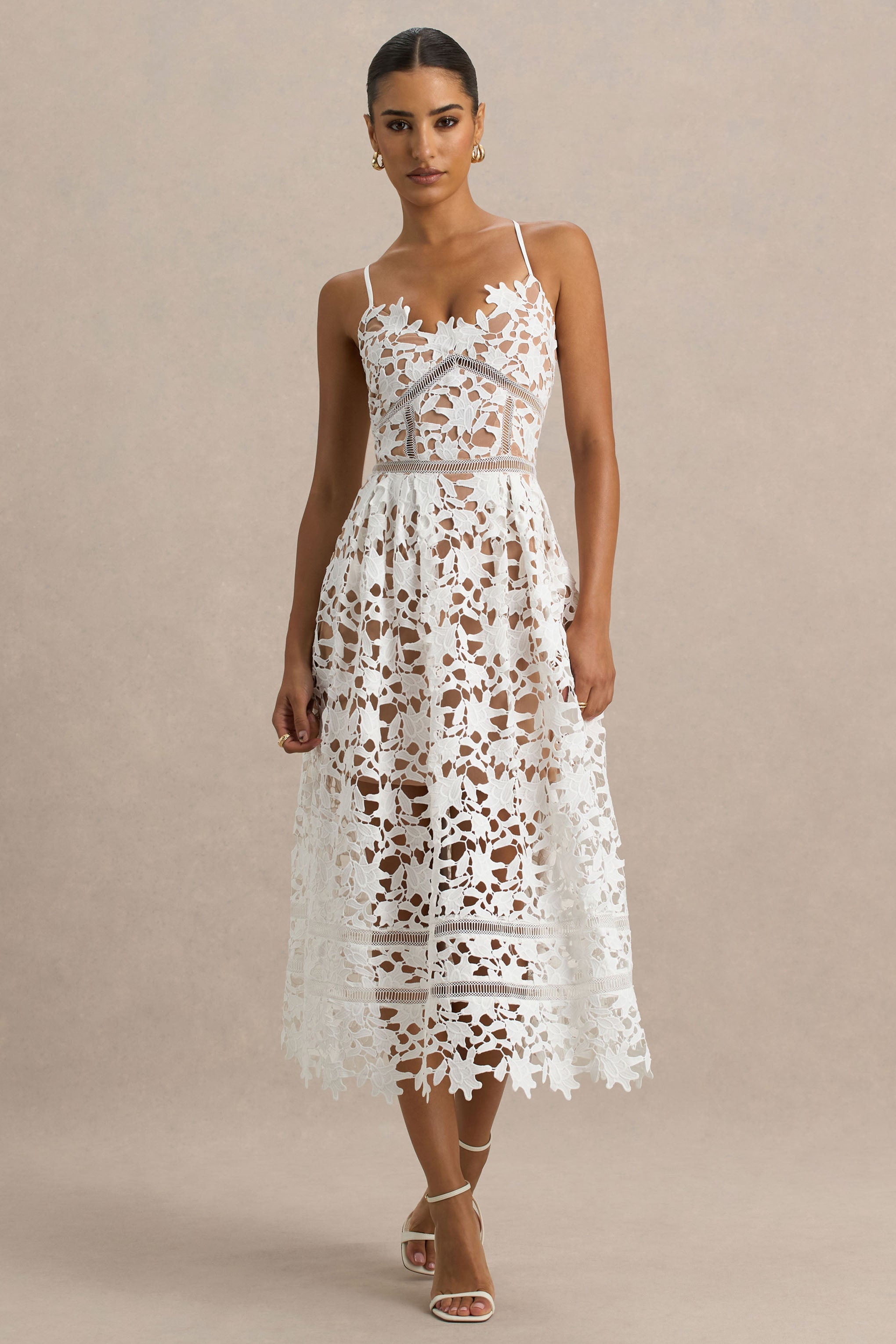 Zuri | White Lace Sweetheart Midi Dress With Cami Straps