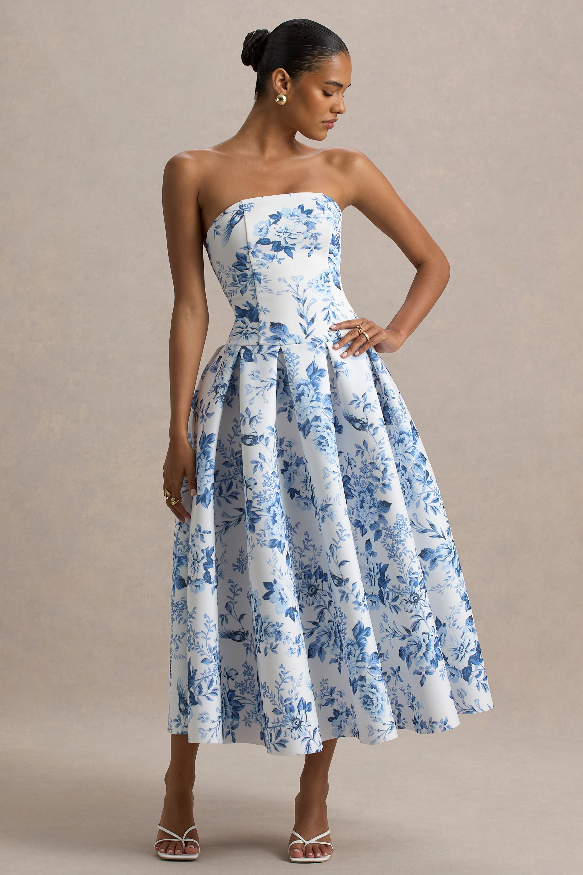 Alaina | Blue Porcelain Print Bandeau Midi Dress With Volume Skirt