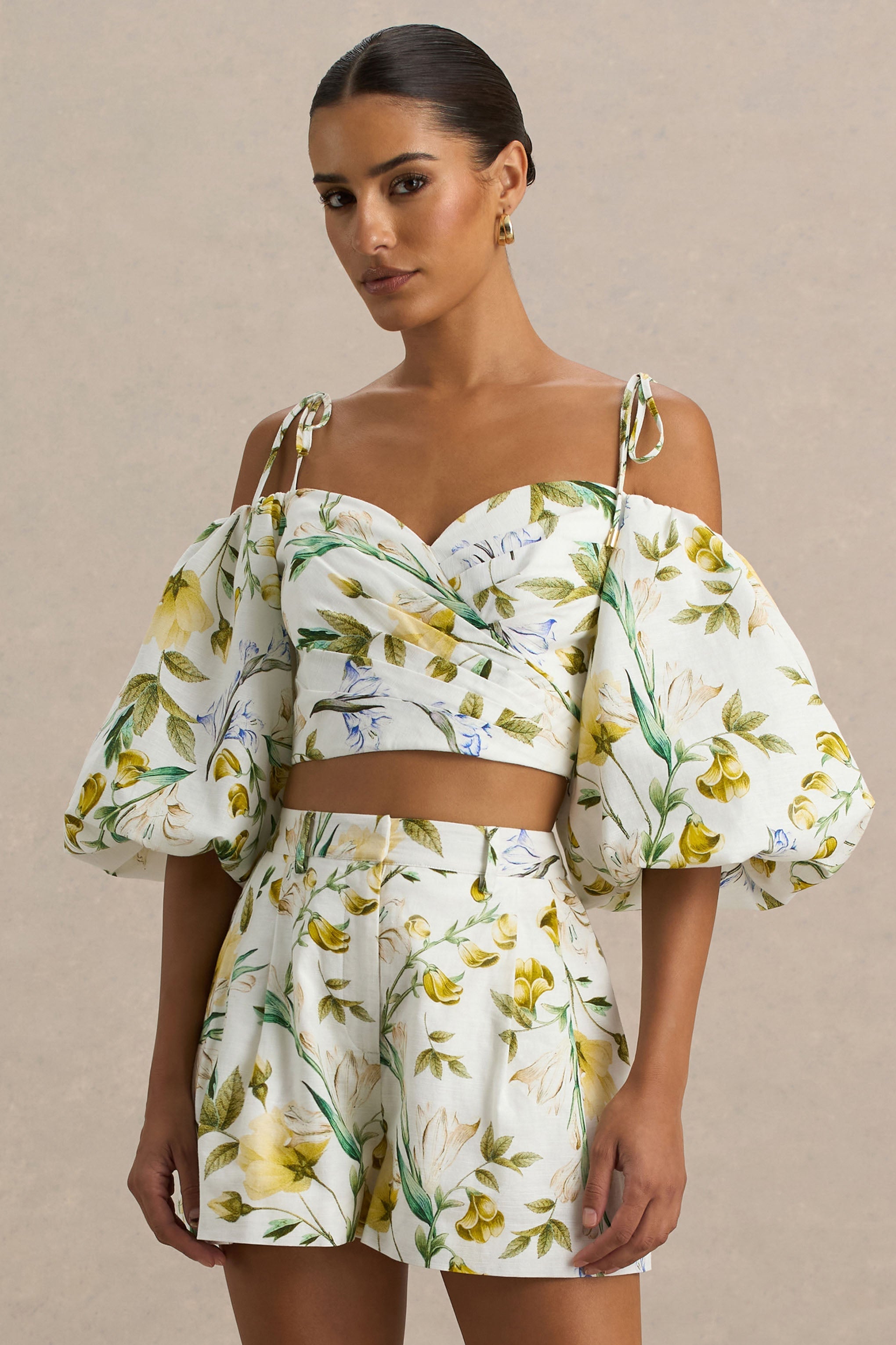 Amberly | White Botanical Print Plunge-Neck Ruffled Crop Top