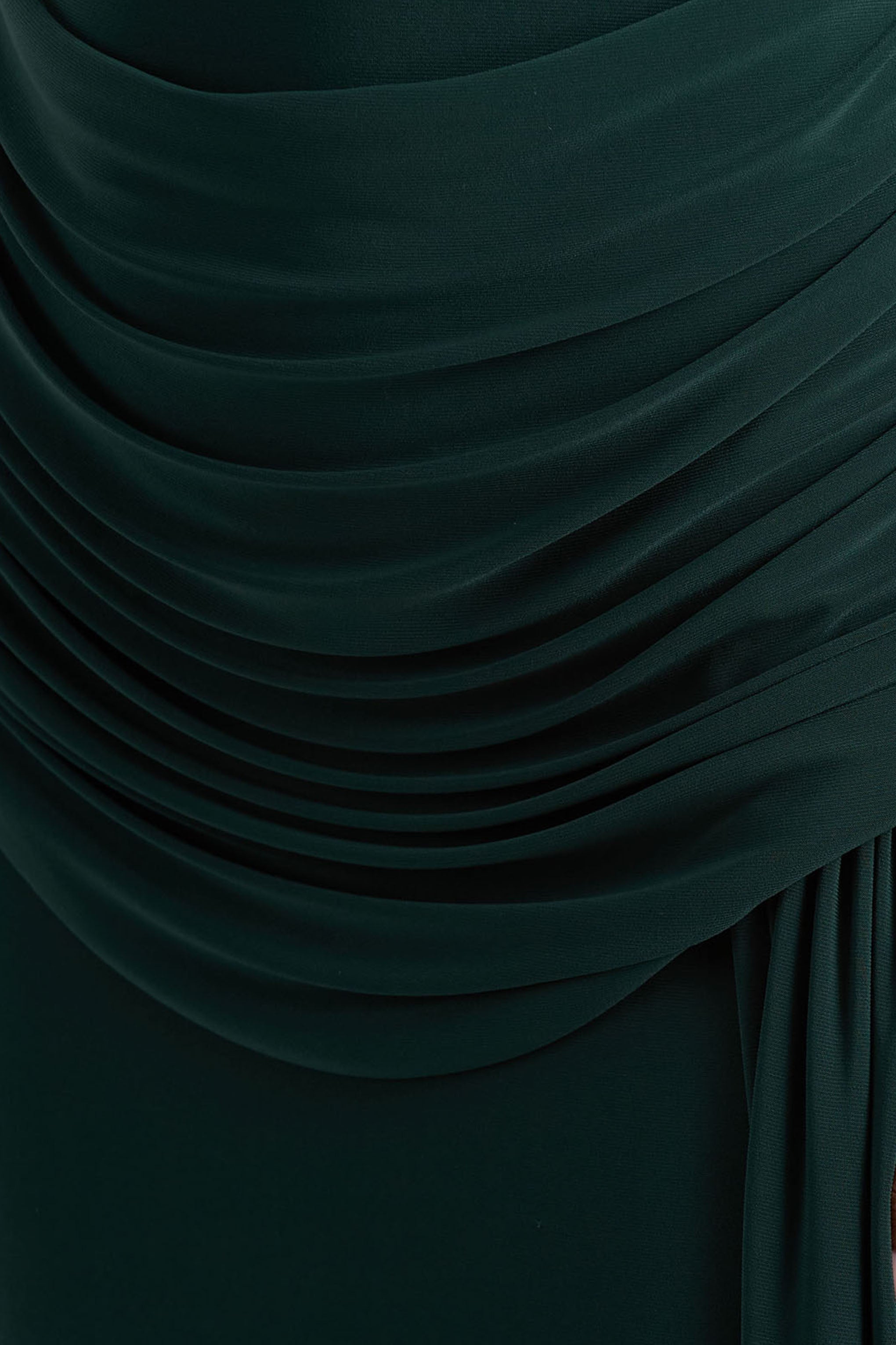 Dynasty | Dark Green Asymmetric-Neck Maxi Dress With Ruched Detailing And Front High-Split
