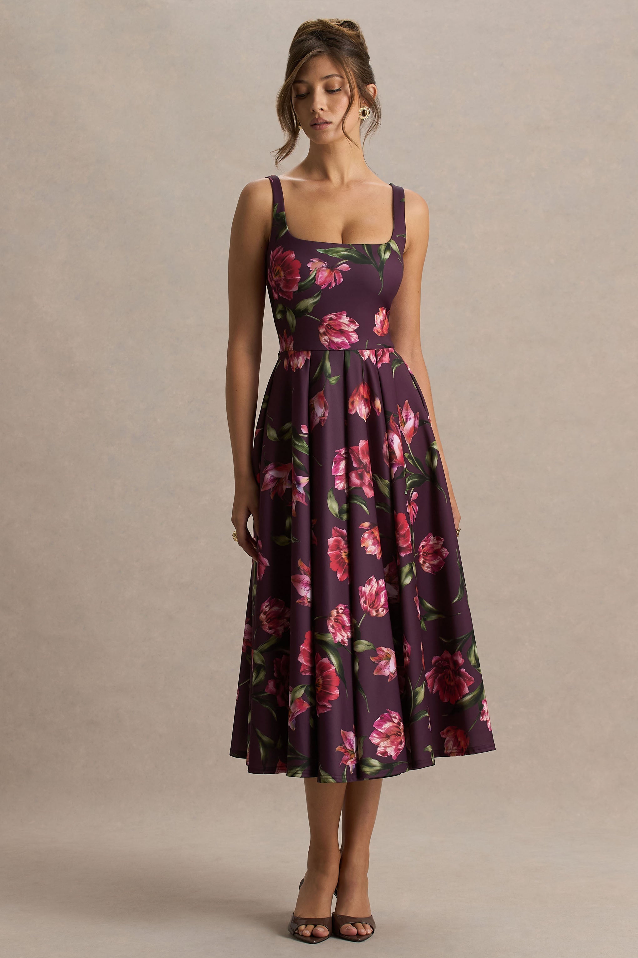 Berta | Burgundy Floral Print Square-Neck Midi Dress