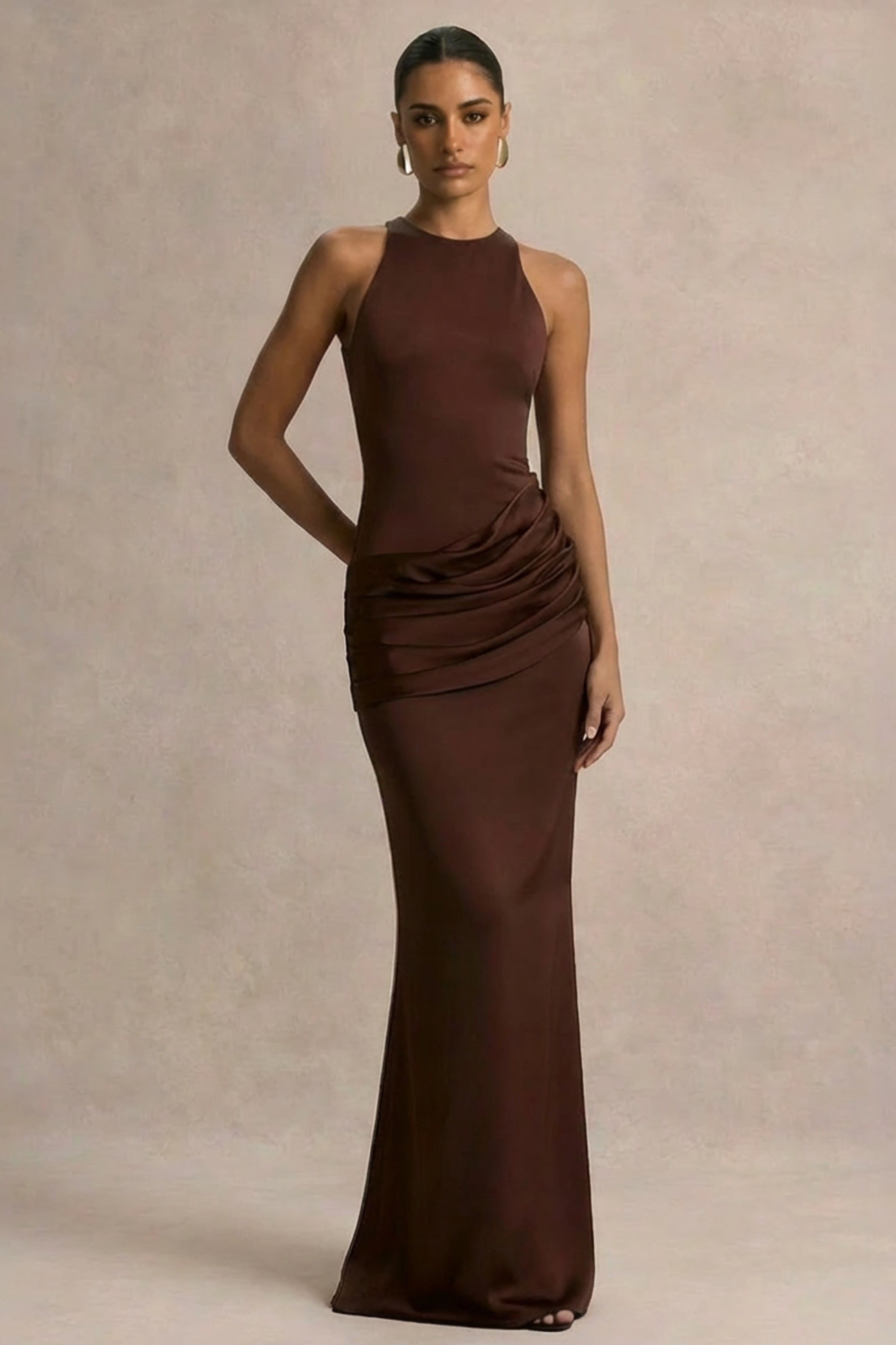 Akari | Brown Crew-Neck Maxi Dress With Satin Skirt