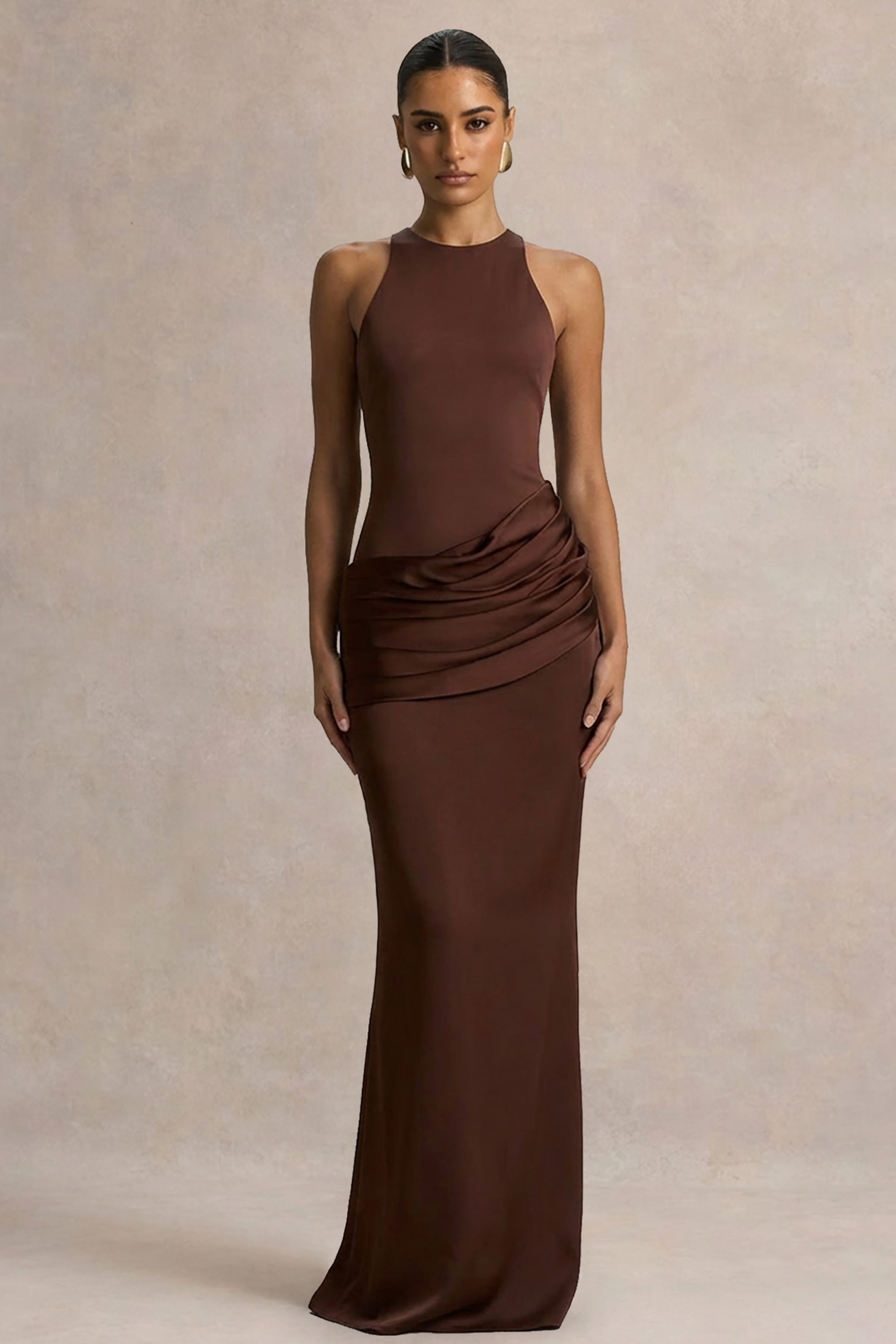 Akari | Brown Crew-Neck Maxi Dress With Satin Skirt