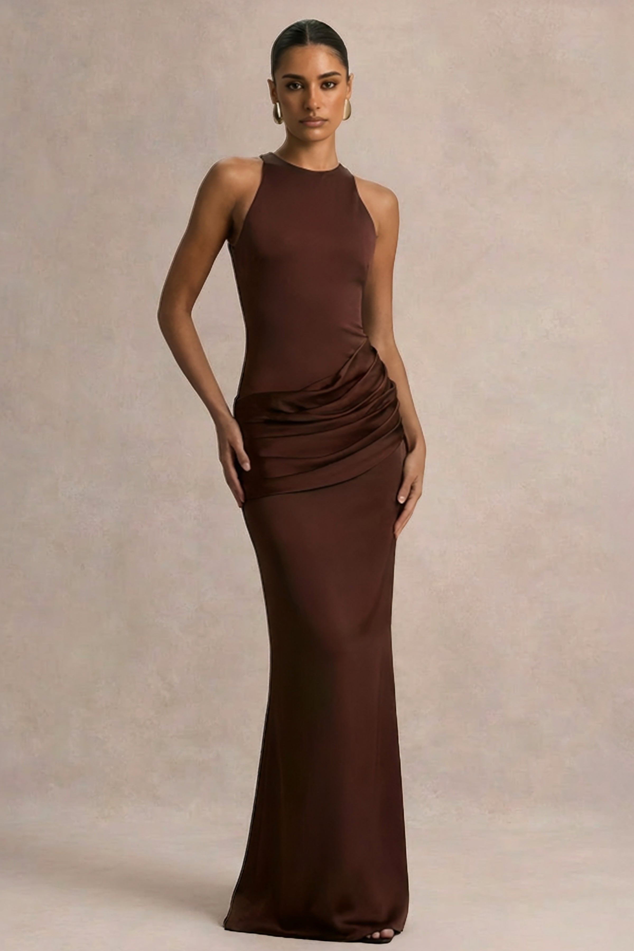 Akari | Brown Crew-Neck Maxi Dress With Satin Skirt