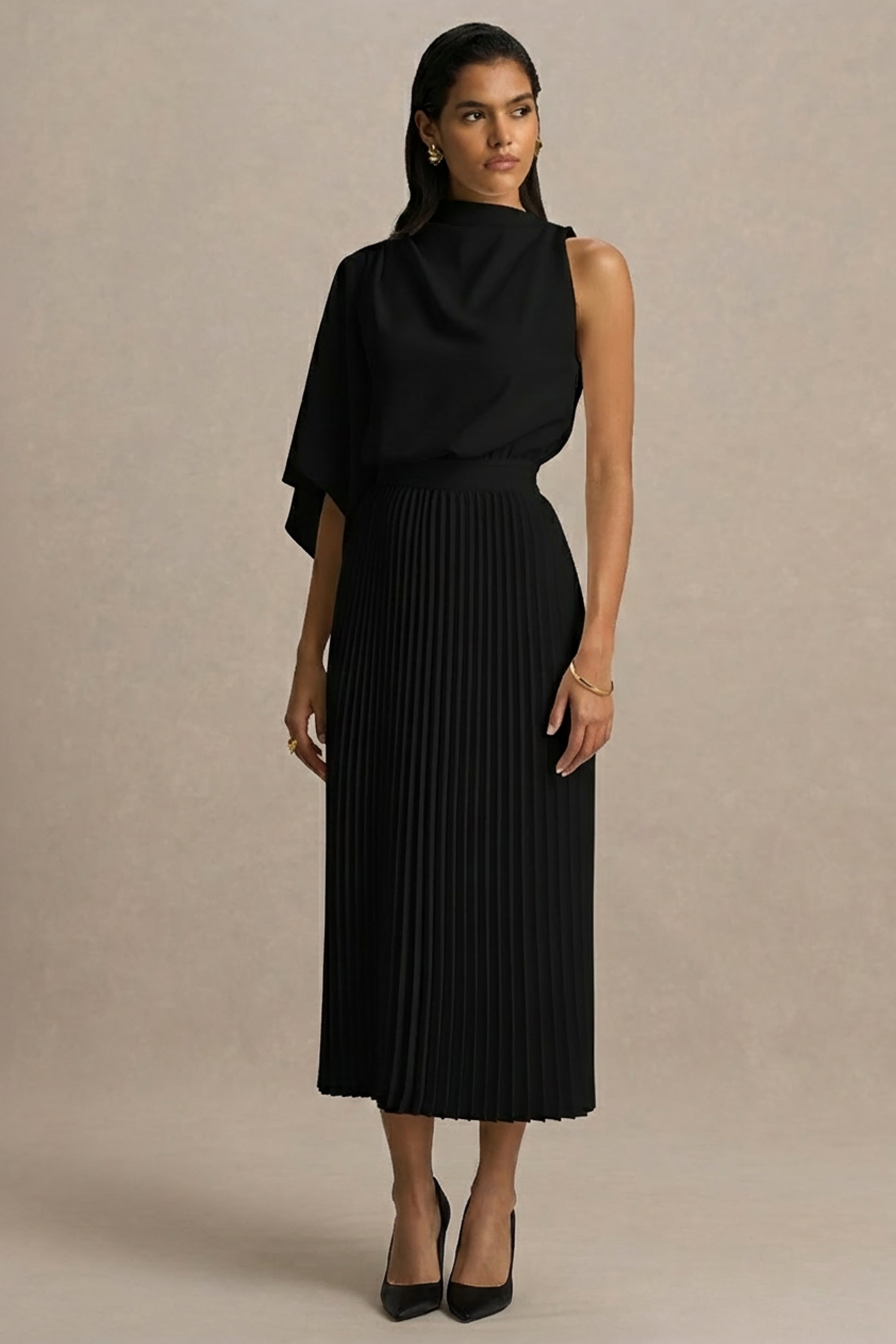 Jimena | Black High-Neck Midi Dress With One-Long Sleeve And Pleated Detailing