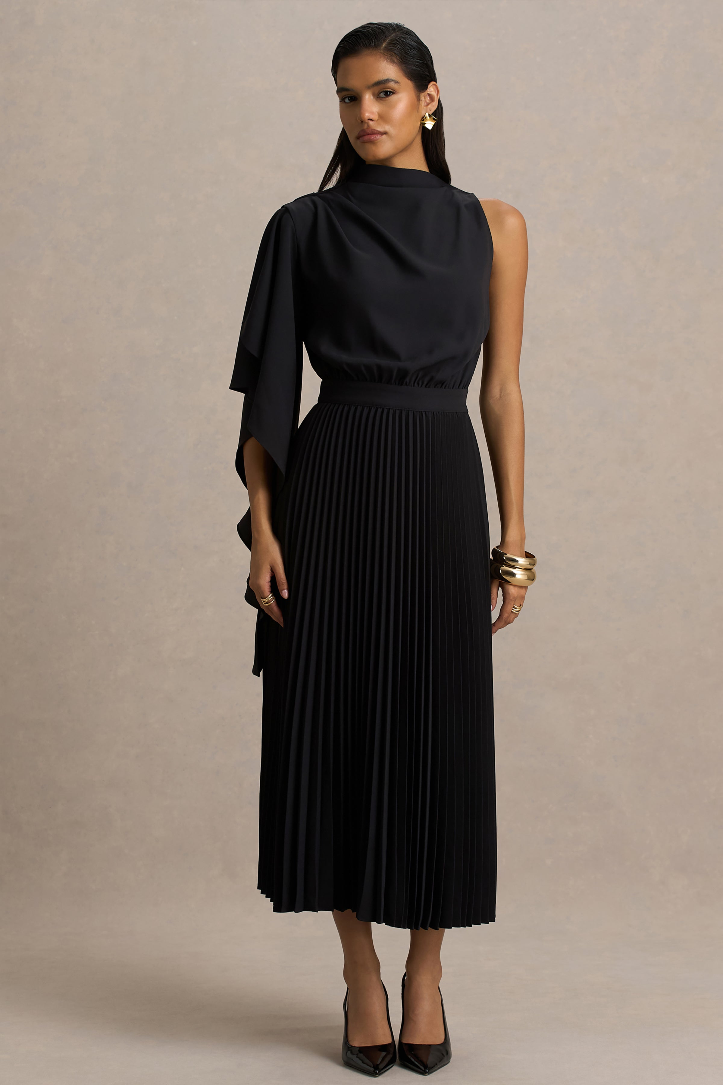 Jimena | Black High-Neck Midi Dress With One-Long Sleeve And Pleated Detailing