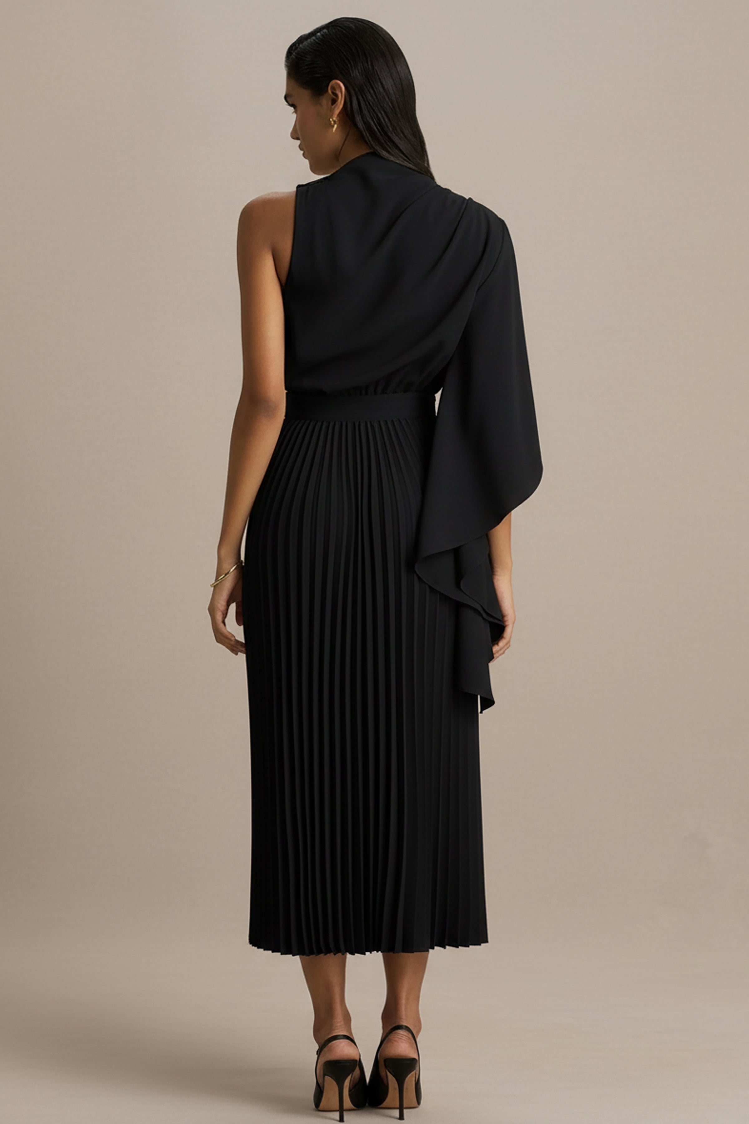 Jimena | Black High-Neck Midi Dress With One-Long Sleeve And Pleated Detailing