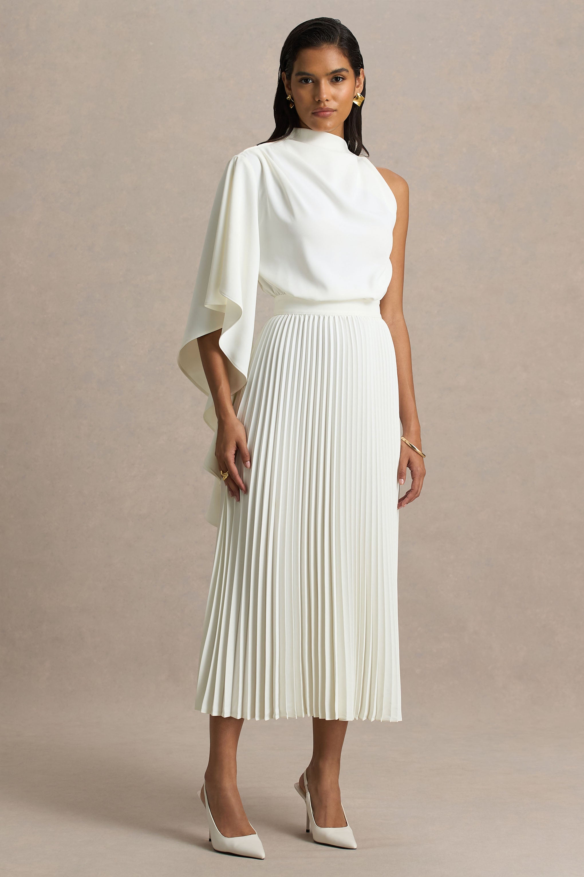 Jimena | Cream High-Neck Midi Dress With One-Long Sleeve And Pleated Detailing