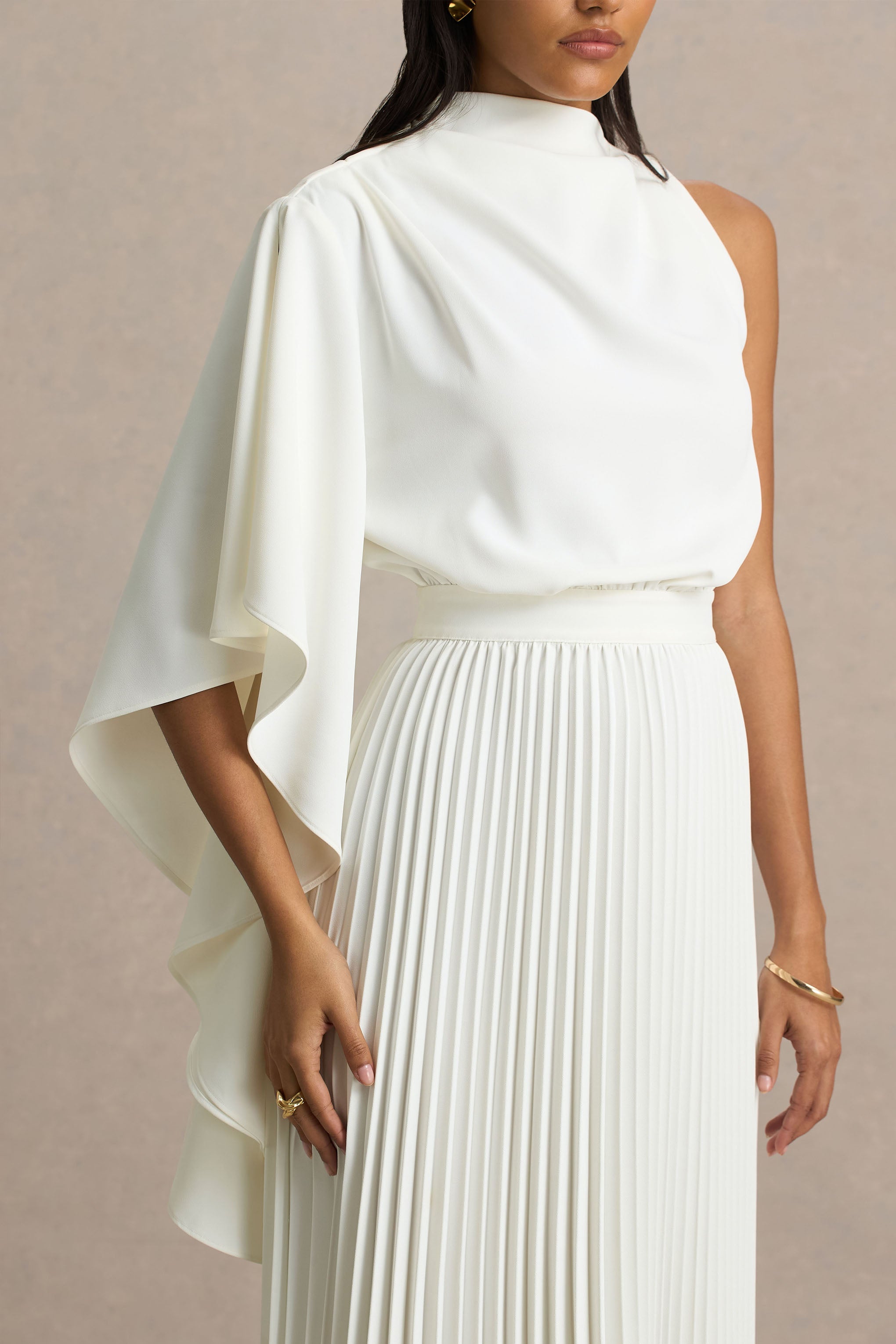 Jimena | Cream High-Neck Midi Dress With One-Long Sleeve And Pleated Detailing