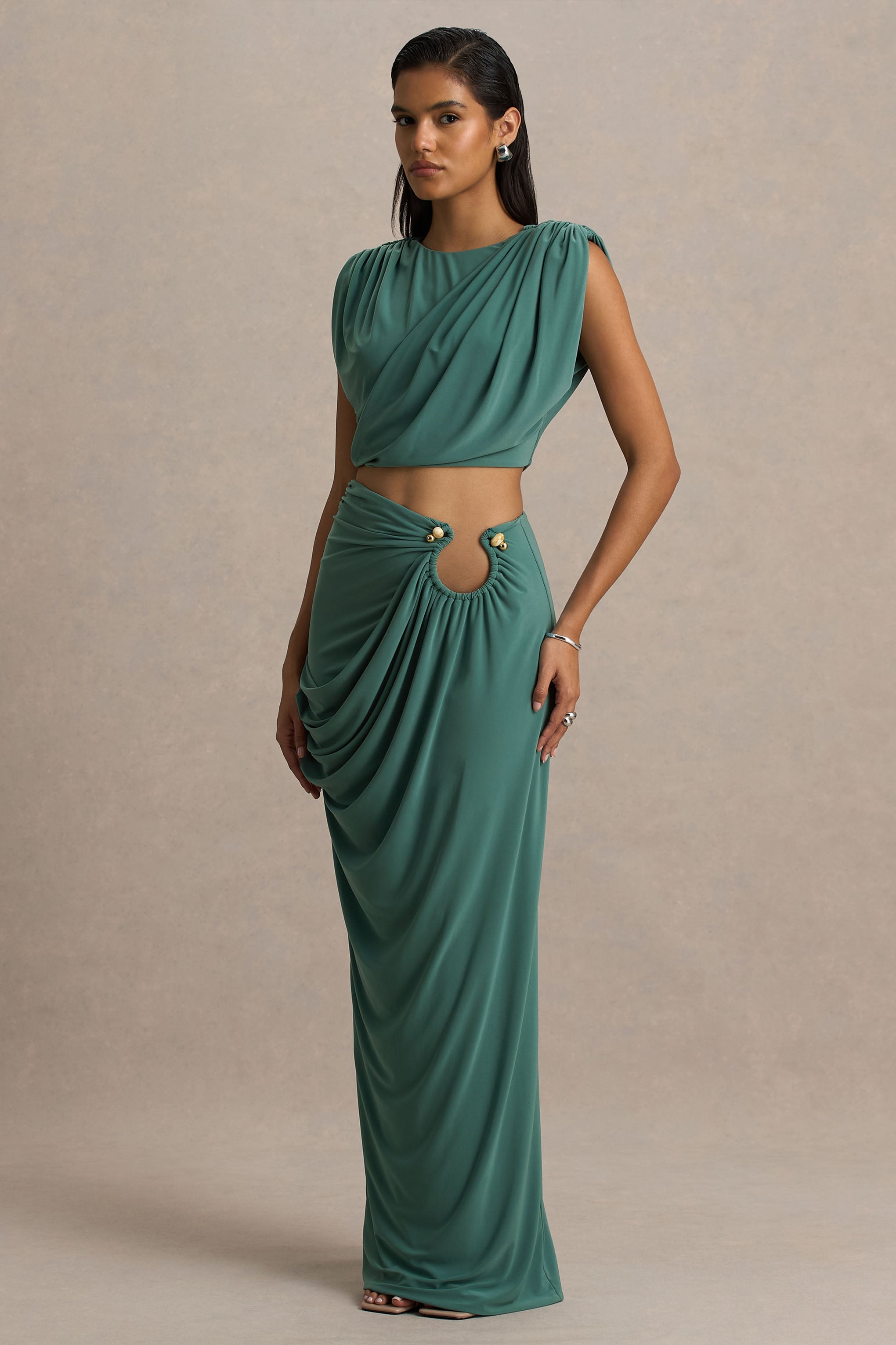 Avaline | Green Wrap Maxi Skirt With Ruched Detailing