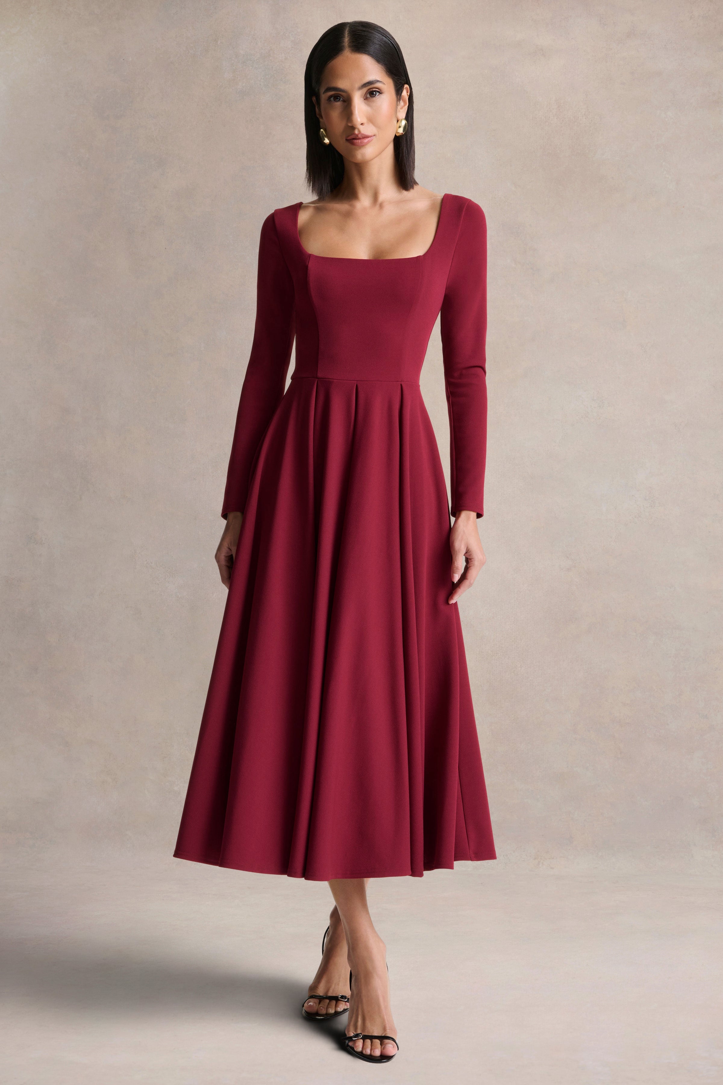 Alison | Burgundy Square-Neck A-Line Midi Dress