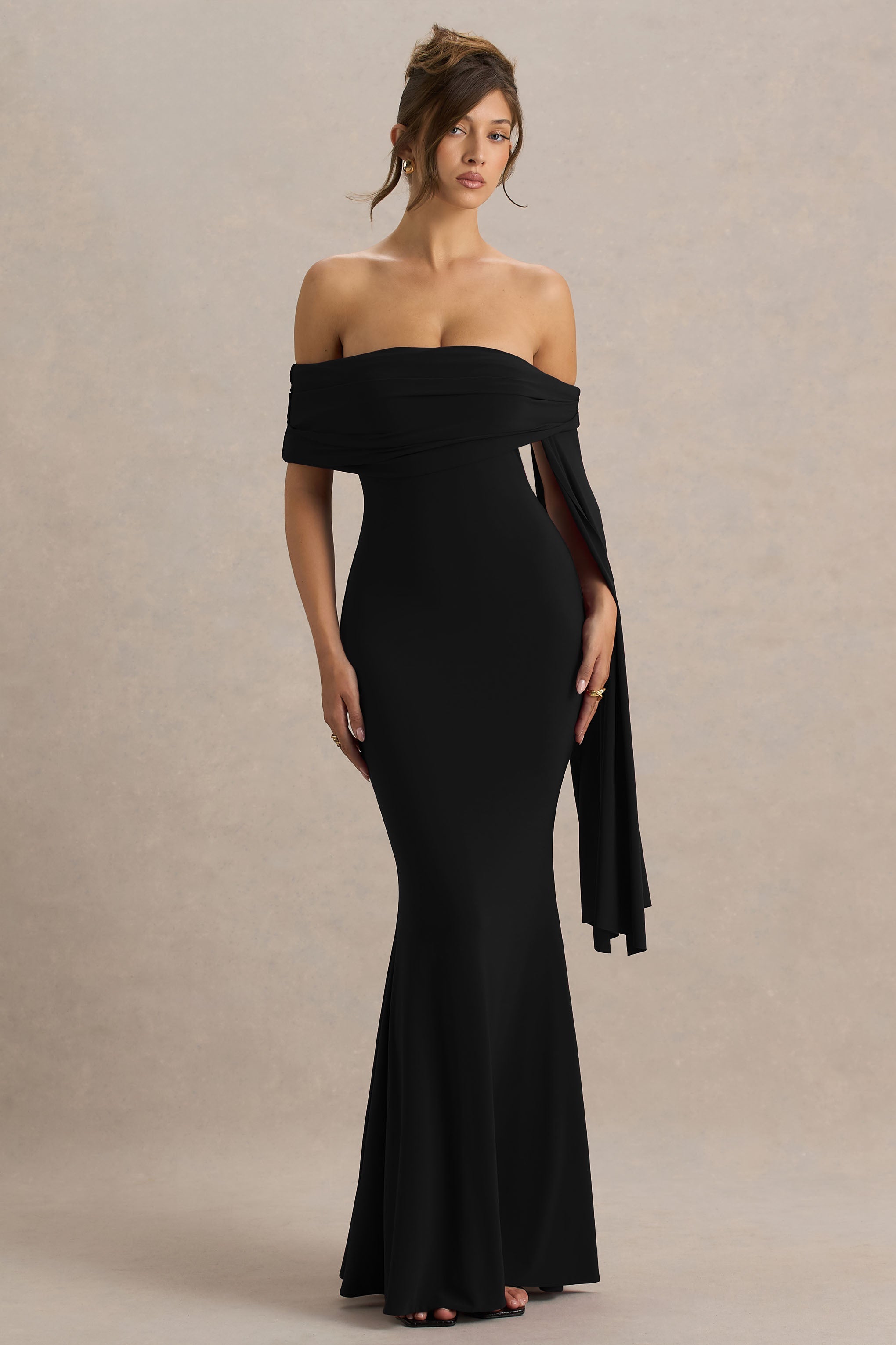 Saffina | Black Bardot-Neck Maxi Dress With Sash Detail