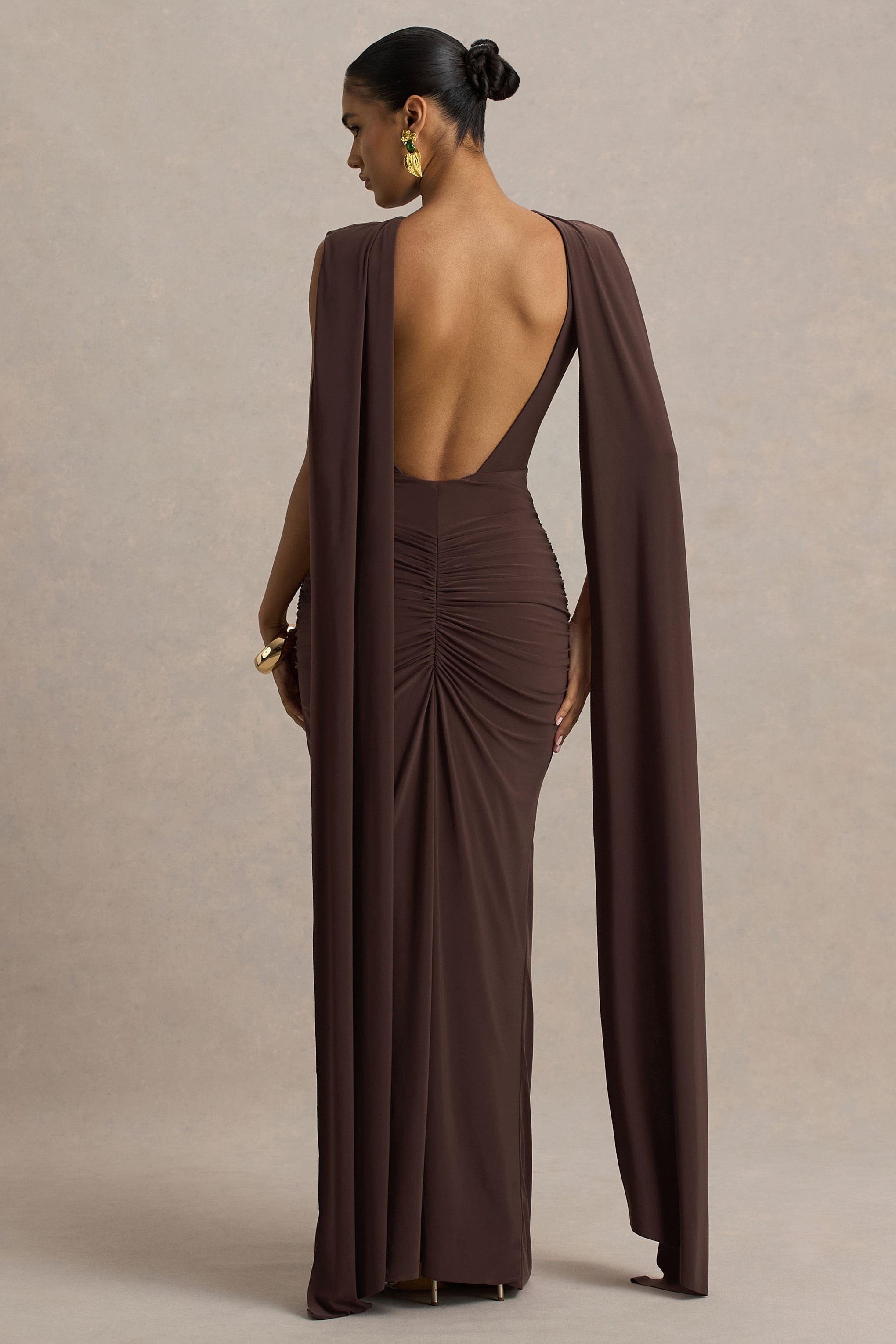 Premiere | Brown Boat-Neck Maxi Dress With Cape Sleeves And Open-Back