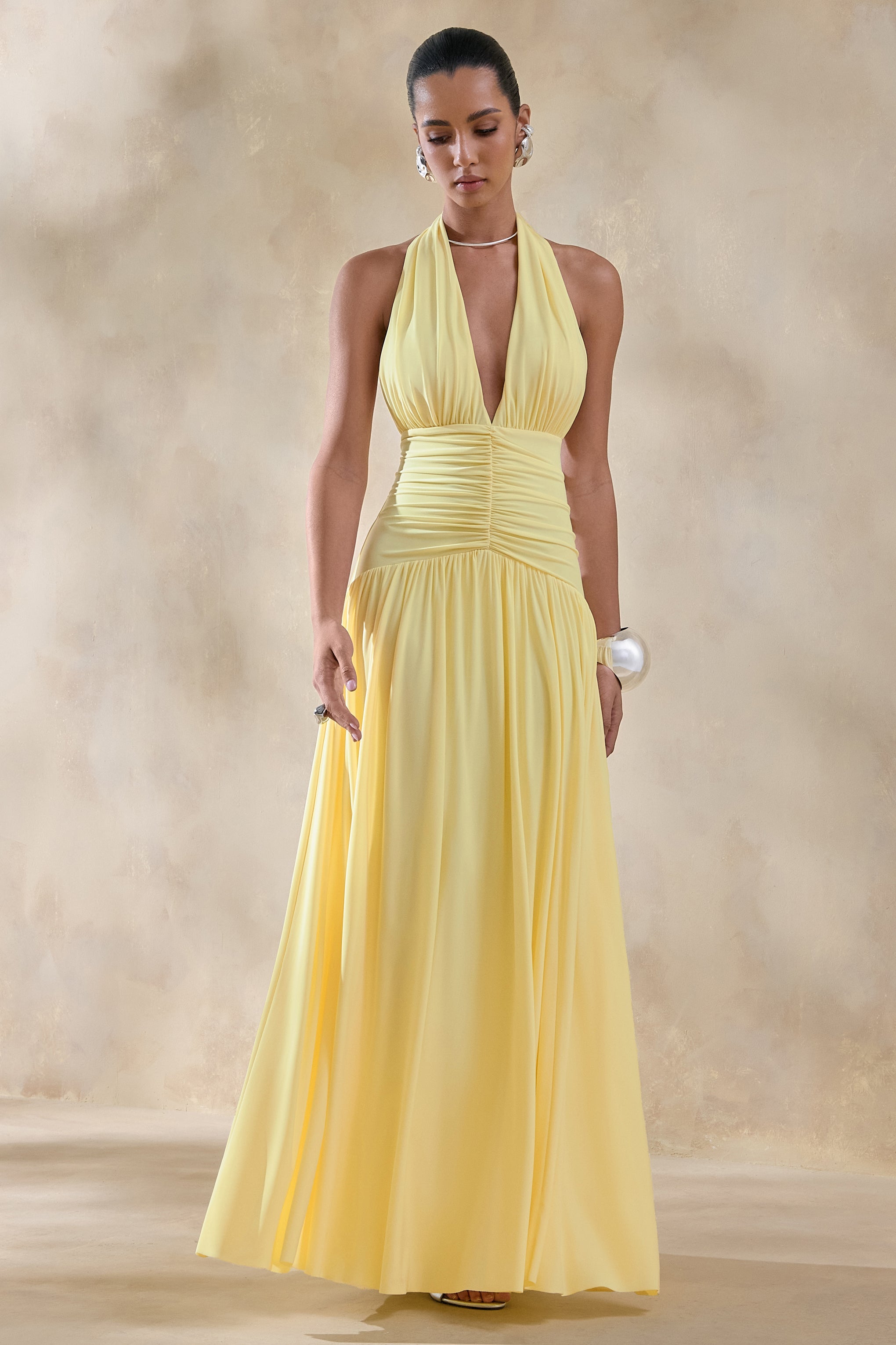 Bettina | Lemon Plunge-Neck Maxi Dress With Gathered-Detailing