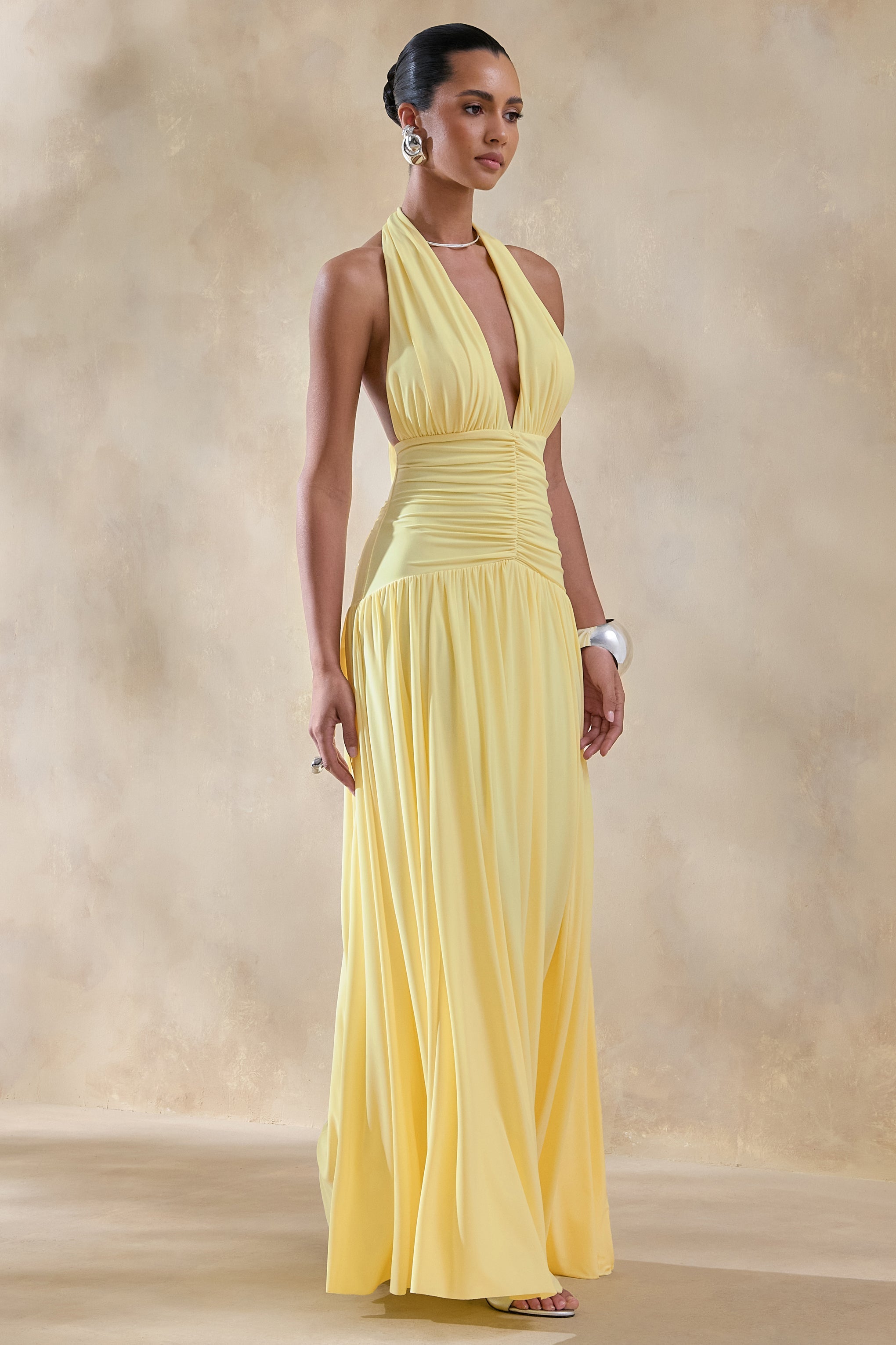 Bettina | Lemon Plunge-Neck Maxi Dress With Gathered-Detailing