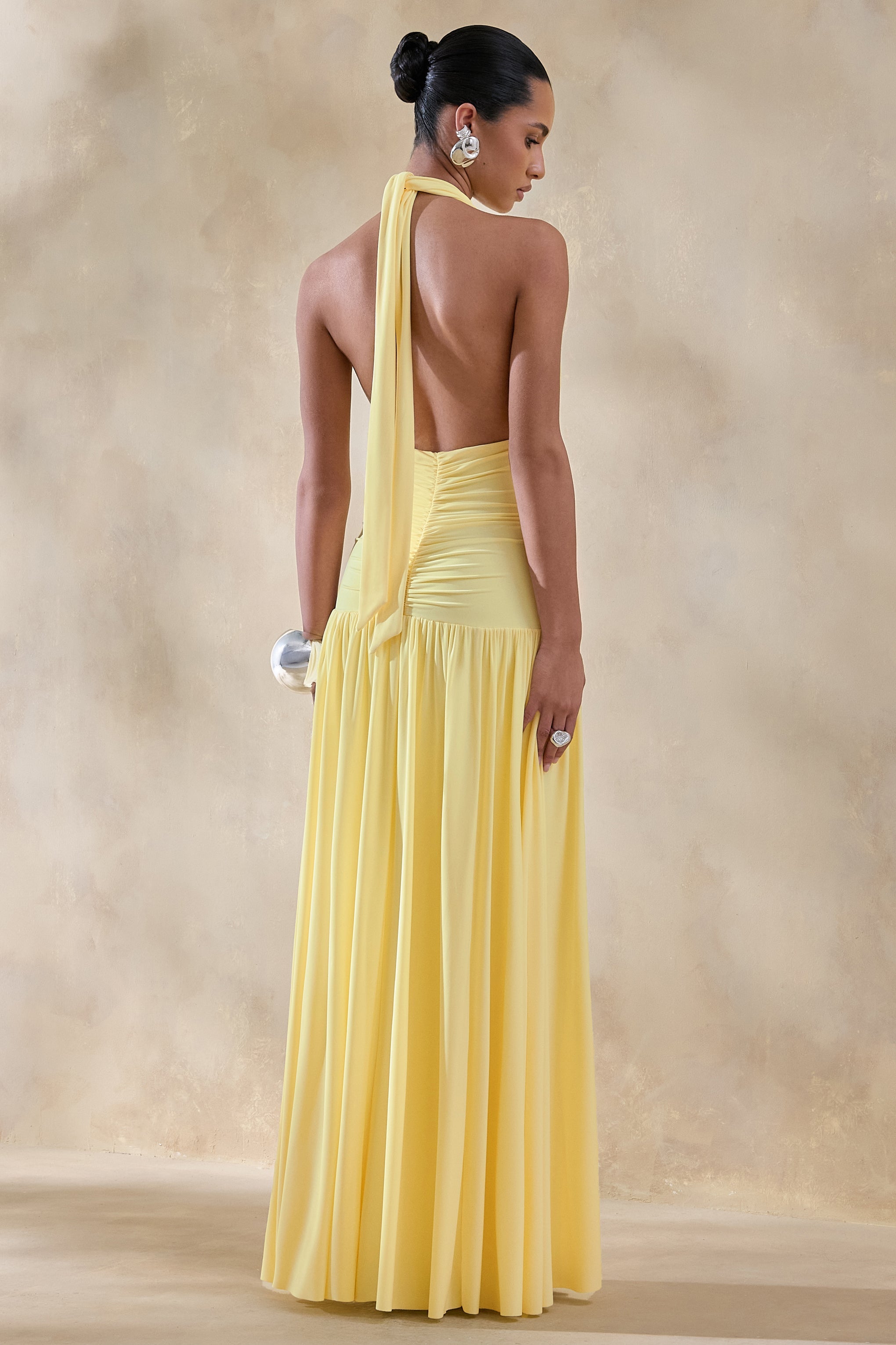 Bettina | Lemon Plunge-Neck Maxi Dress With Gathered-Detailing