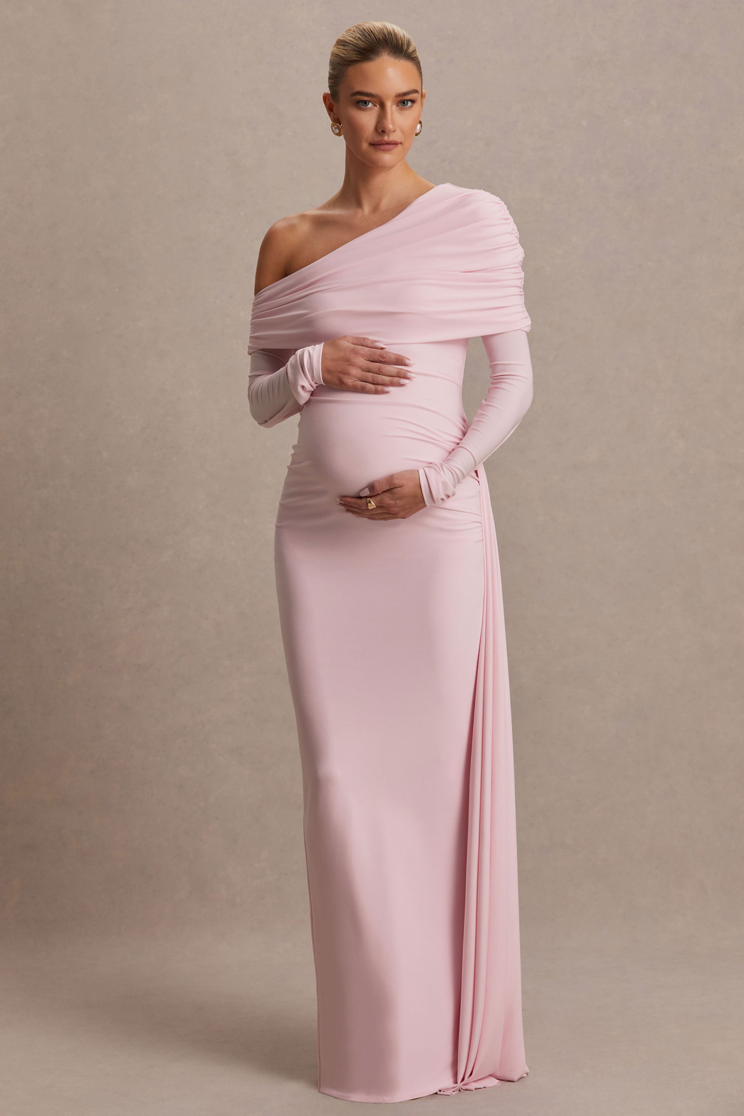 Amara | Blush Pink Asymmetric-Neck Maternity Maxi Dress With Sash Detail