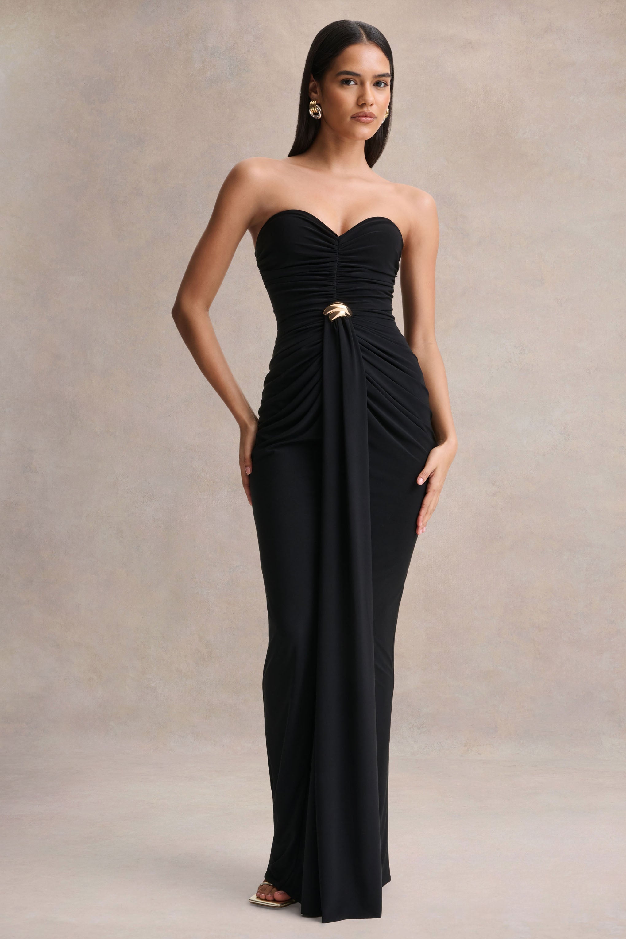 Beverly | Black Bandeau Maxi Dress With Gathered-Detailing