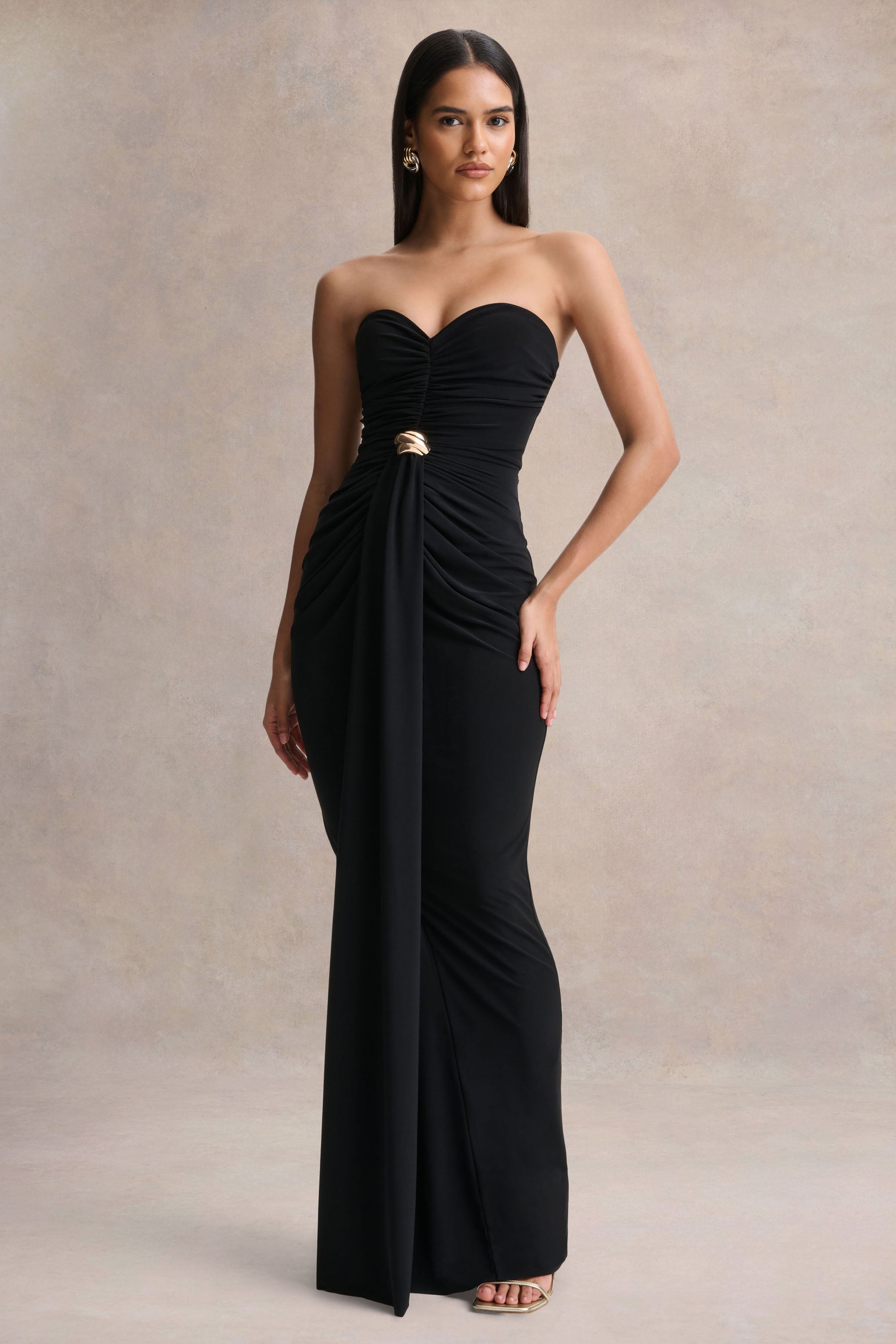 Beverly | Black Bandeau Maxi Dress With Gathered-Detailing