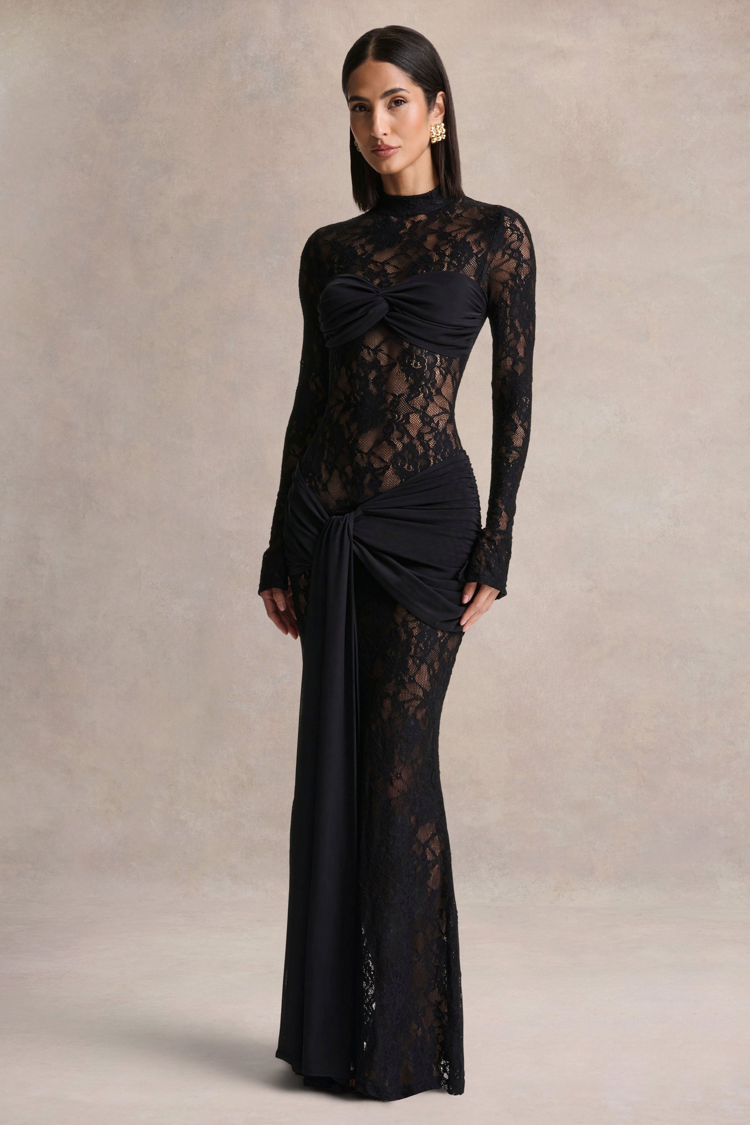 Akira | Black Lace Maxi Dress With Sash-Detail