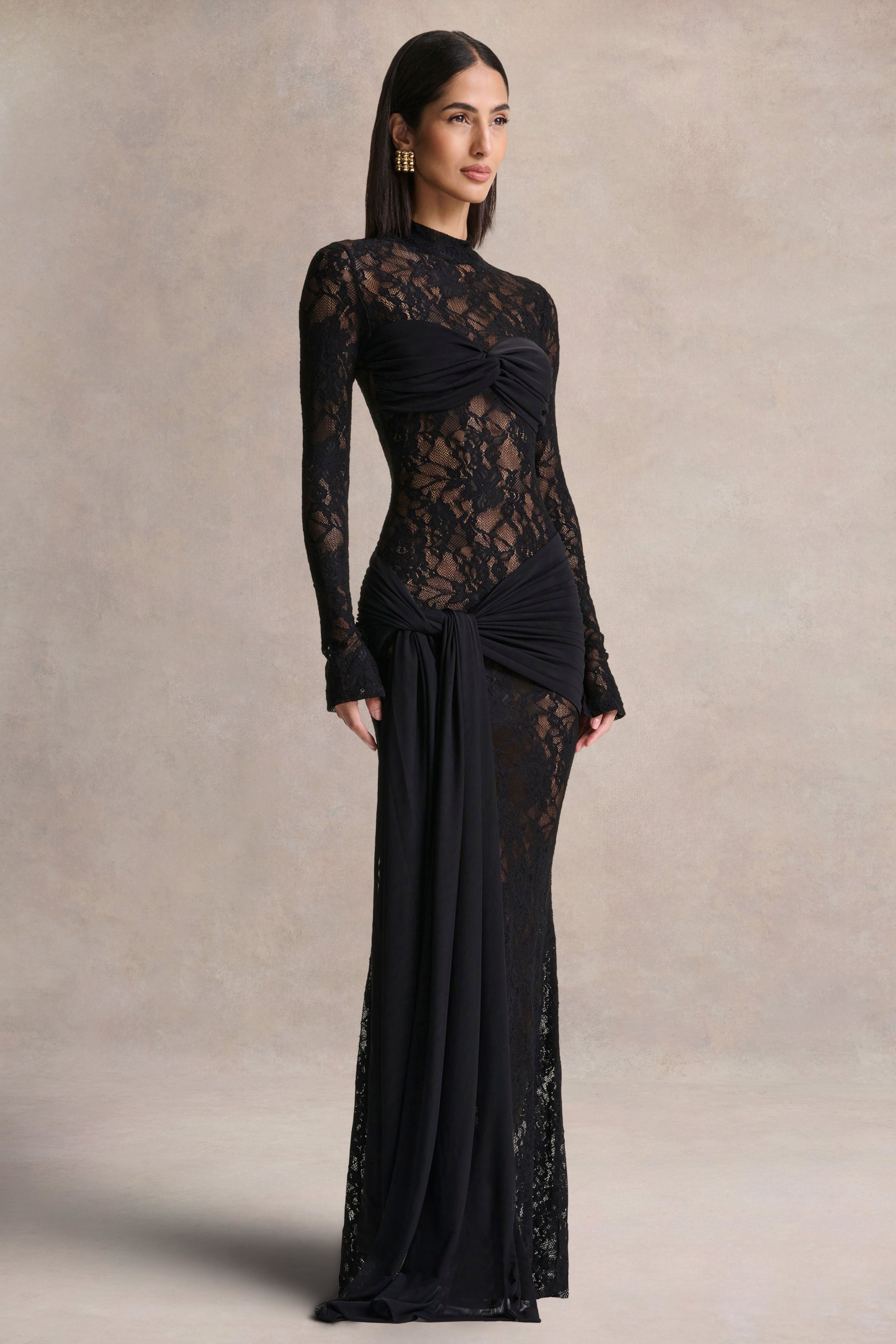Akira | Black Lace Maxi Dress With Sash-Detail