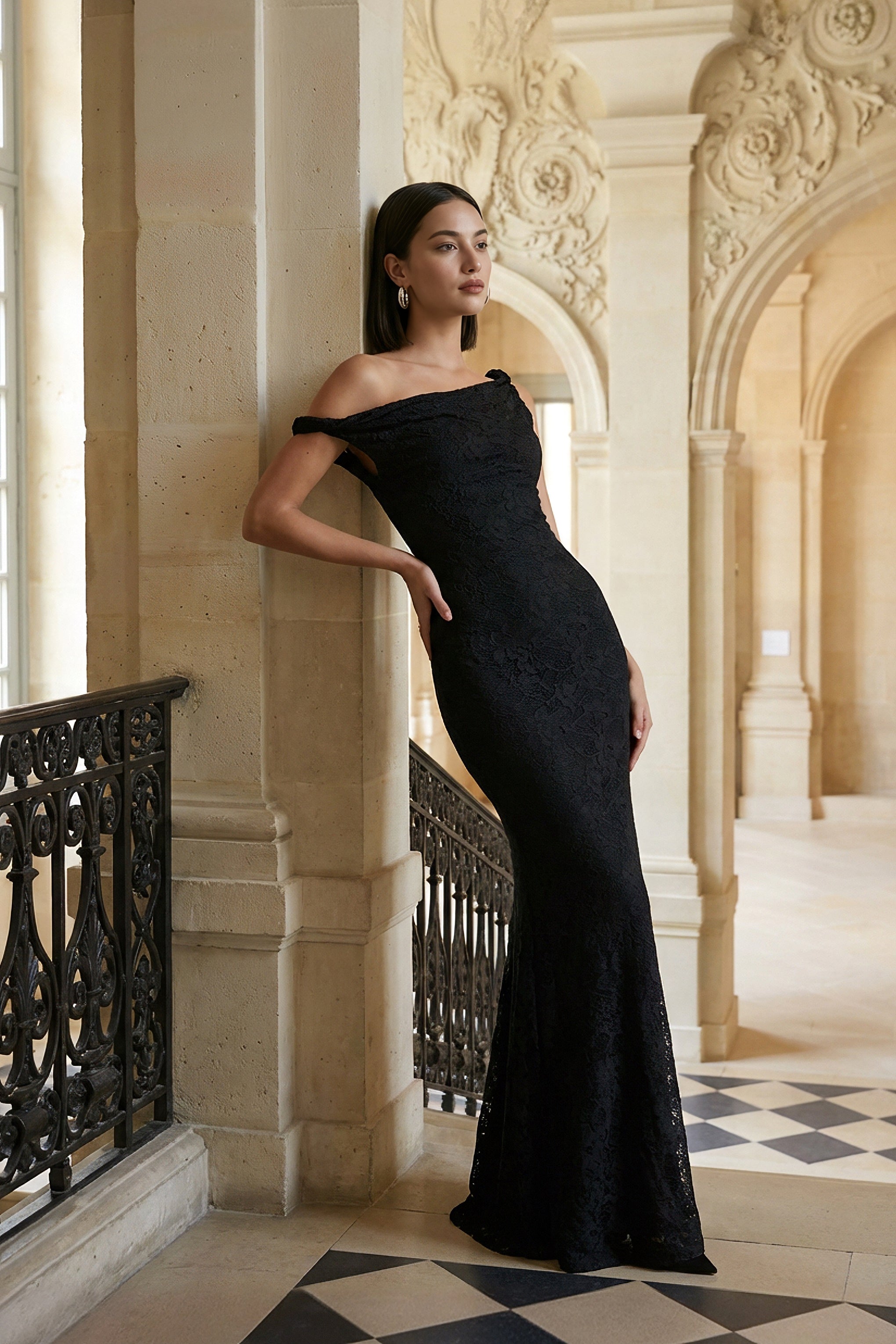 Afina | Black Lace Asymmetric-Neck Maxi Dress