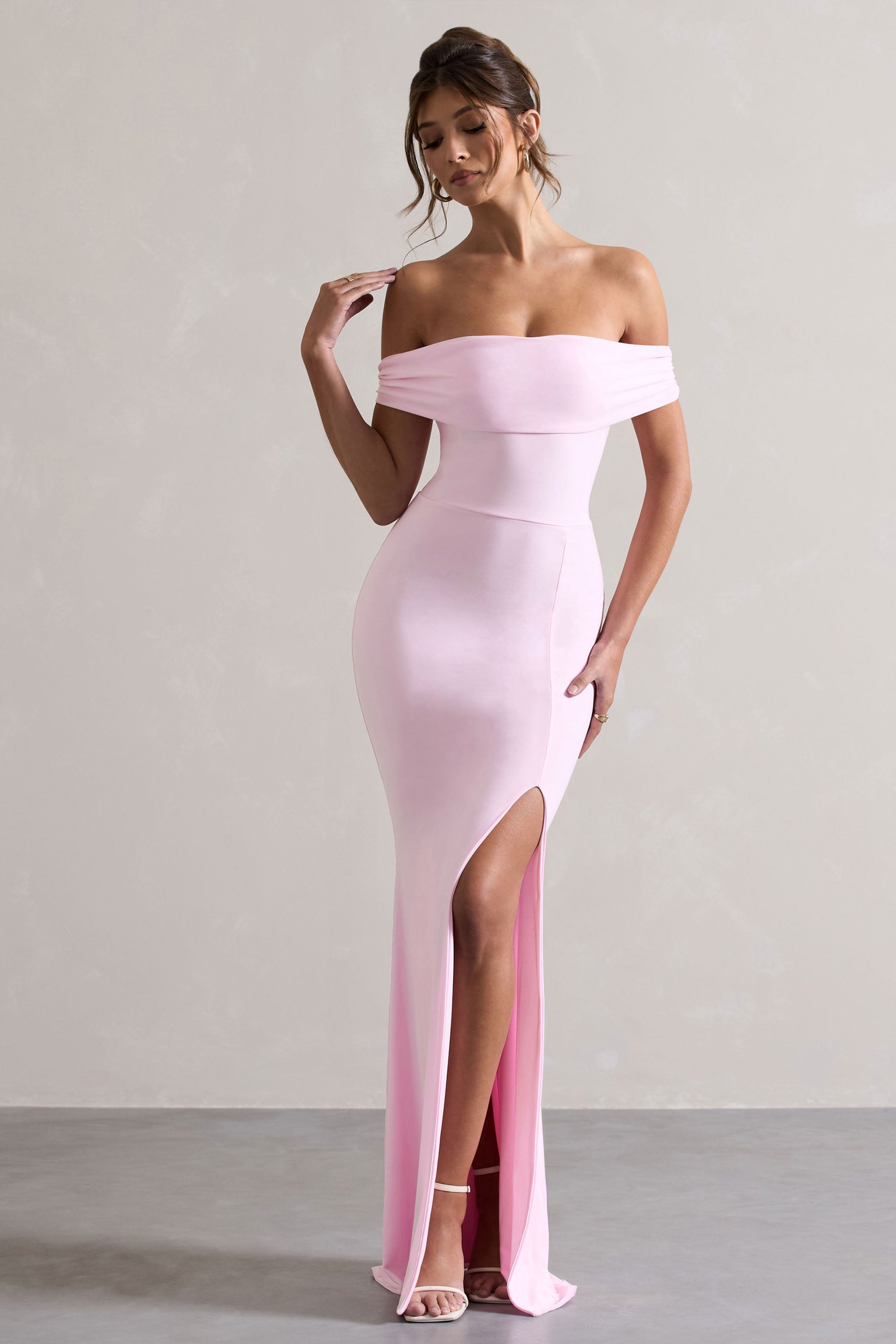 Law of Attraction | Pink Bardot Draped Split Maxi Dress