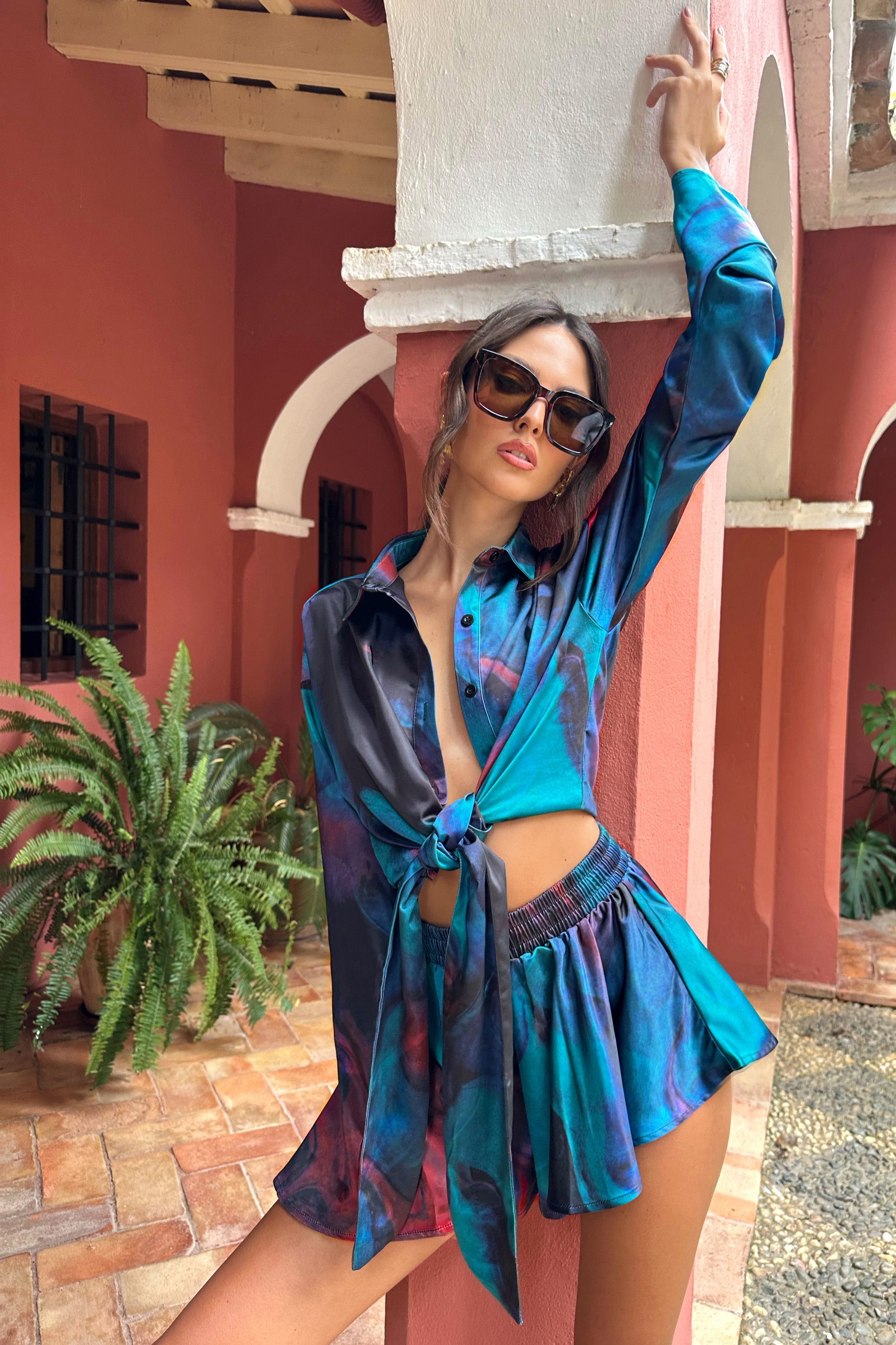 Marisela | Blue Print Satin Flared Sleeve Cropped  Shirt