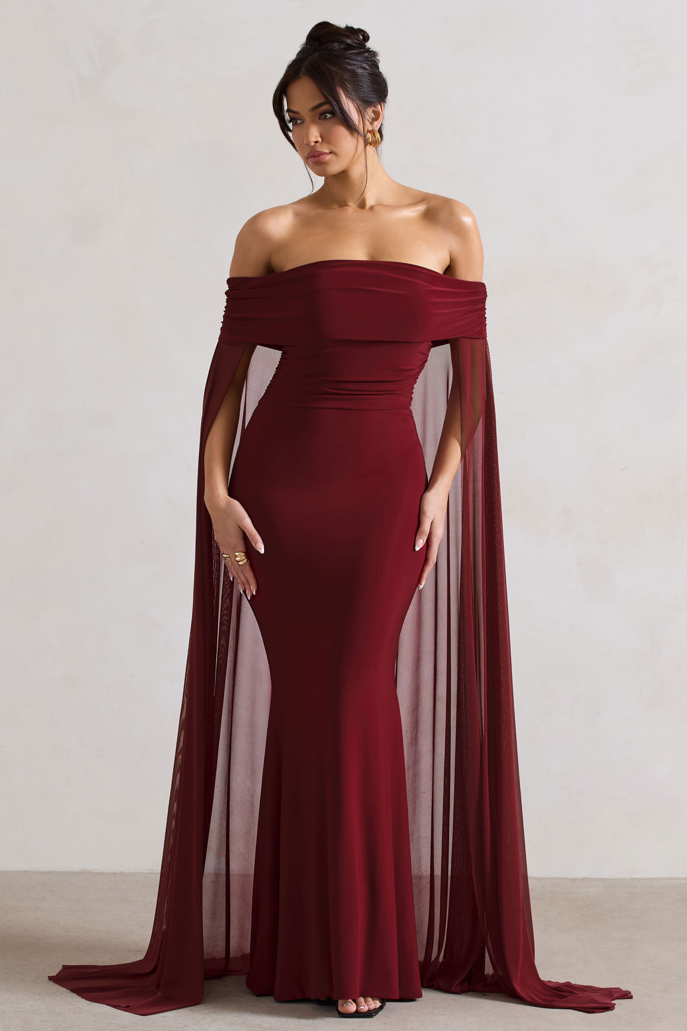 Carlotta | Berry Bardot Maxi Dress With Chiffon Cape