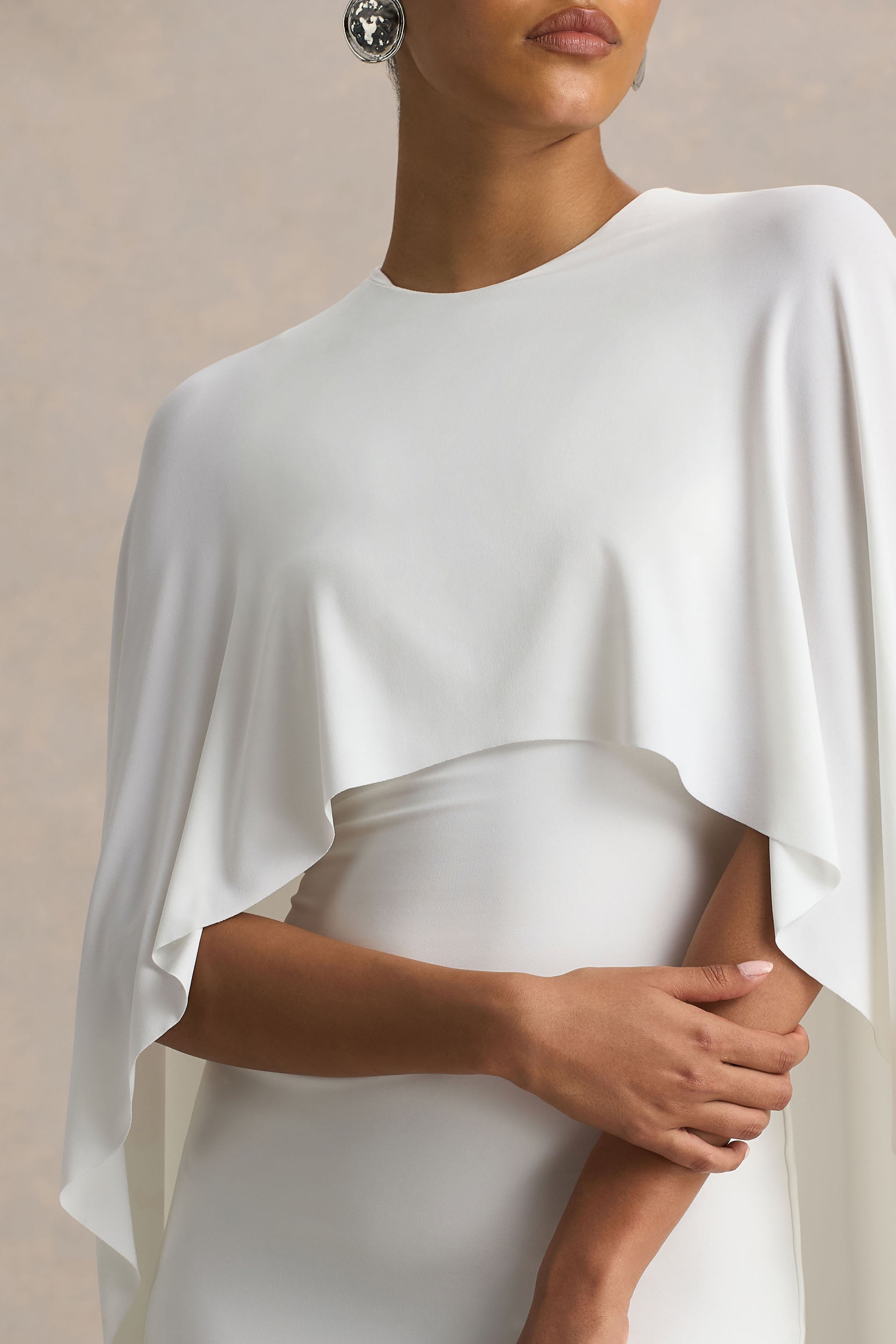 Padma | White Draped Maxi Dress With Cape Sleeves