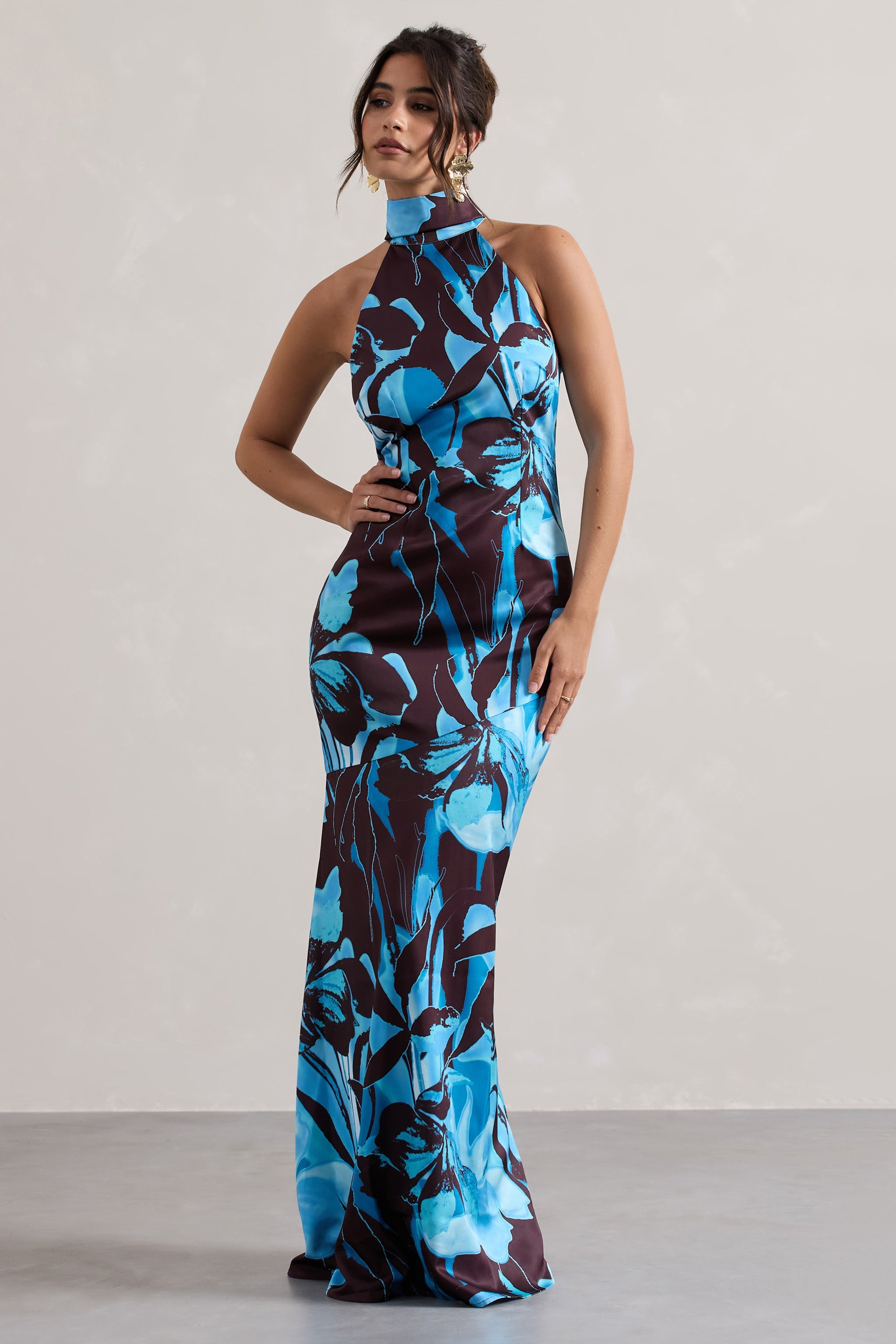 Adoria | Floral Print Satin High-Neck Maxi Dress
