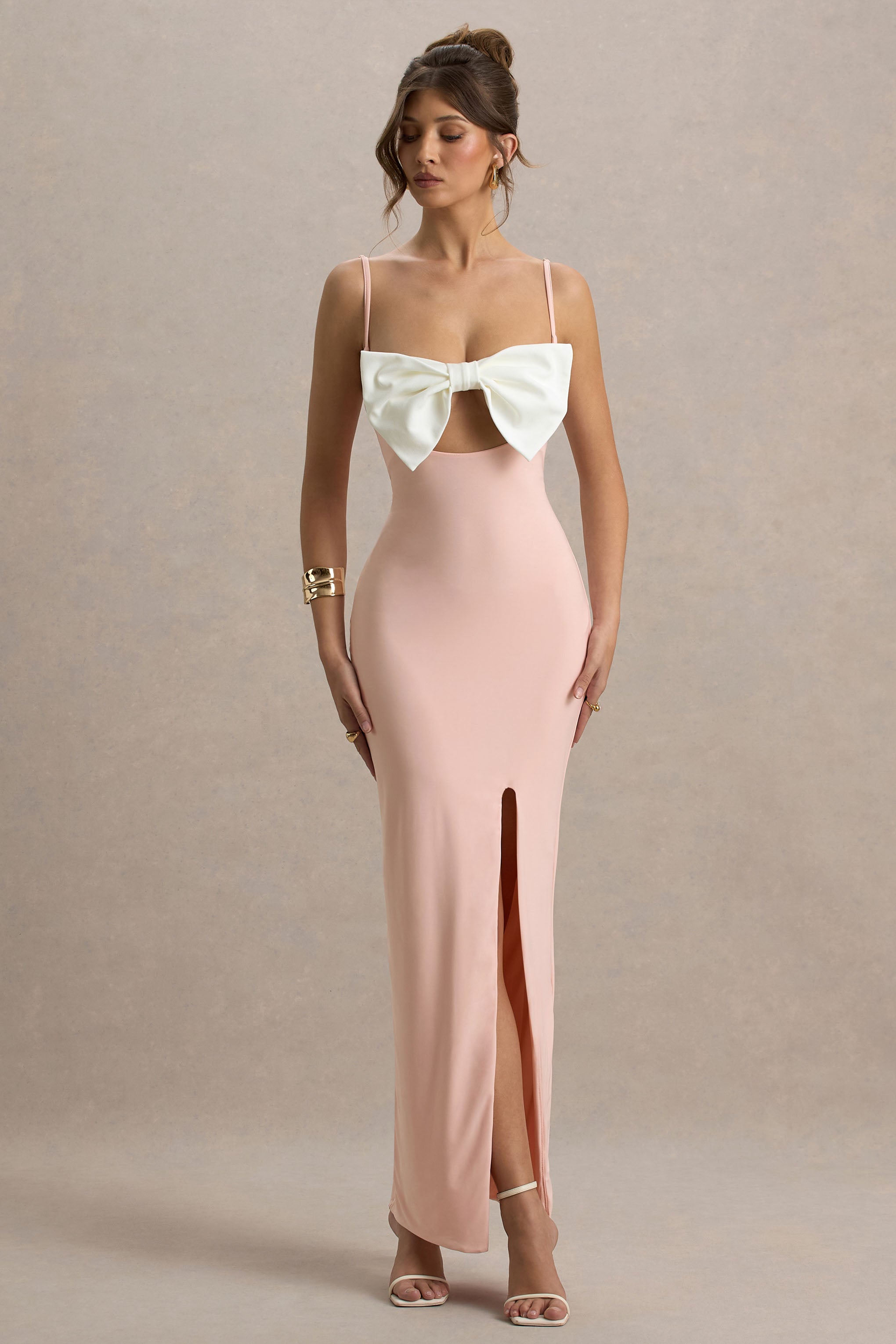 Emmalou | Pink & White Strappy Split Maxi Dress With Bow