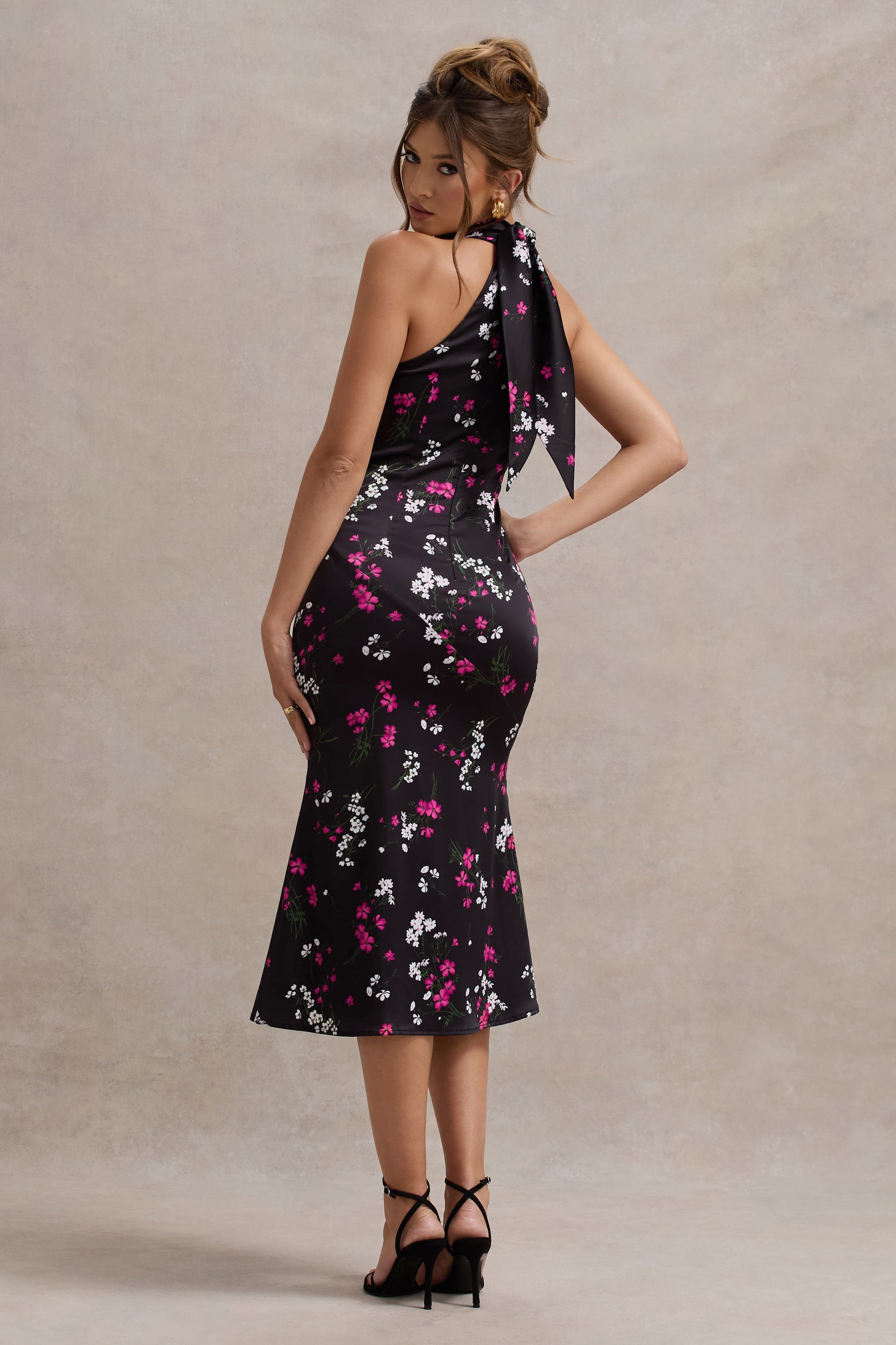 Violette | Purple Ditsy Floral Print Satin High-Neck Split Midi Dress