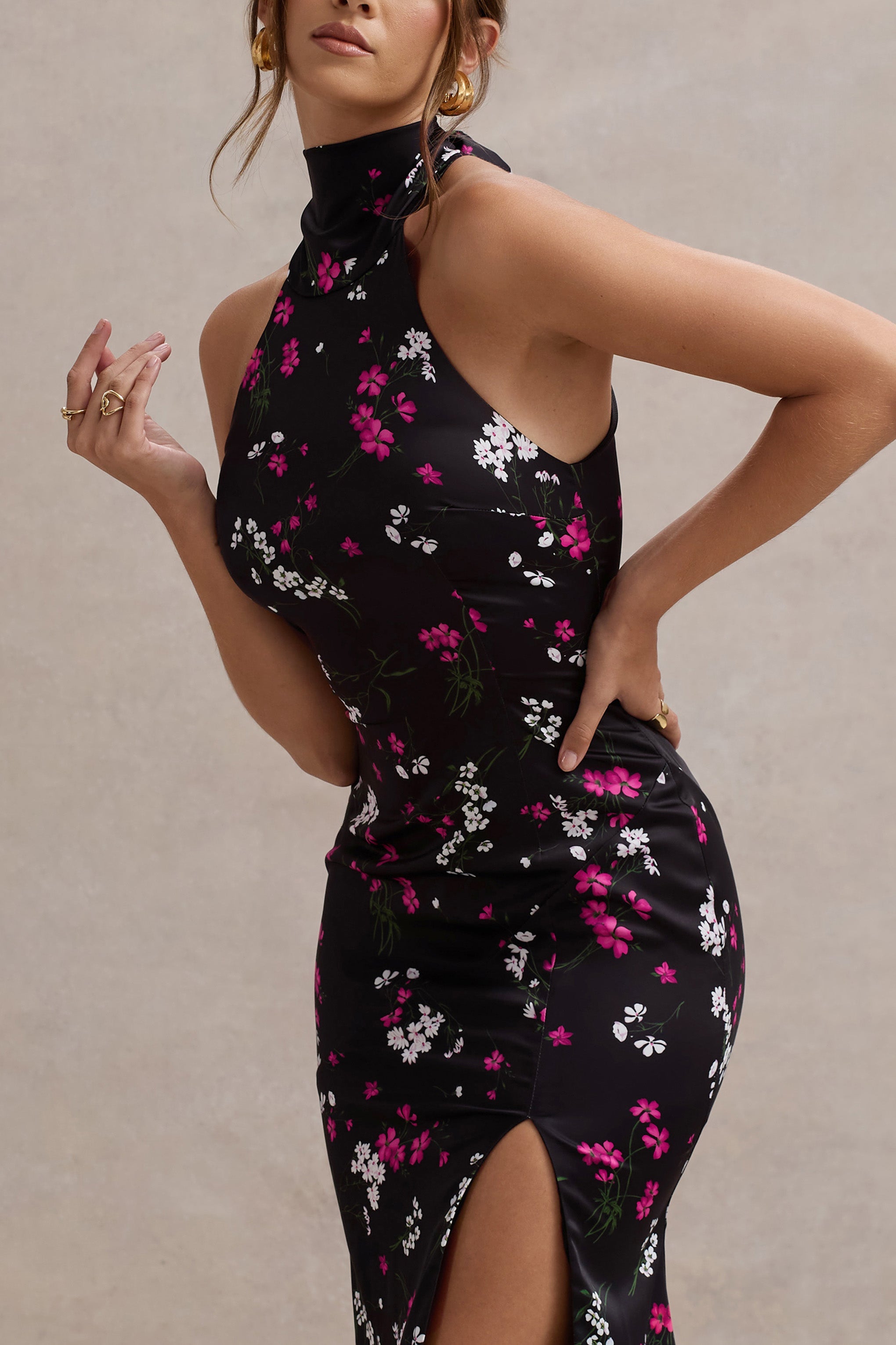 Violette | Purple Ditsy Floral Print Satin High-Neck Split Midi Dress