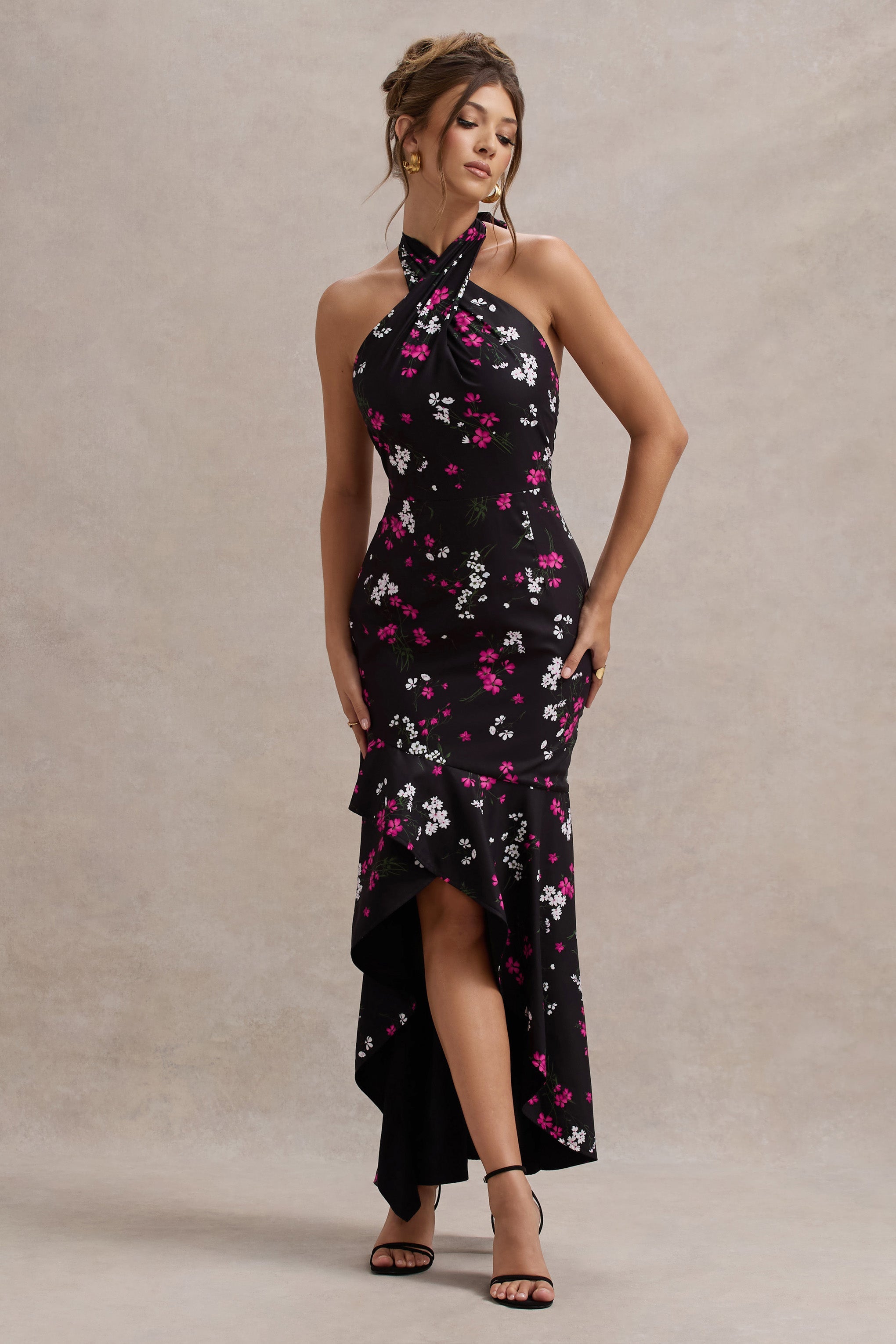 Melodia | Black Ditsy Floral Print Satin Halter-Neck Ruffled Maxi Dress
