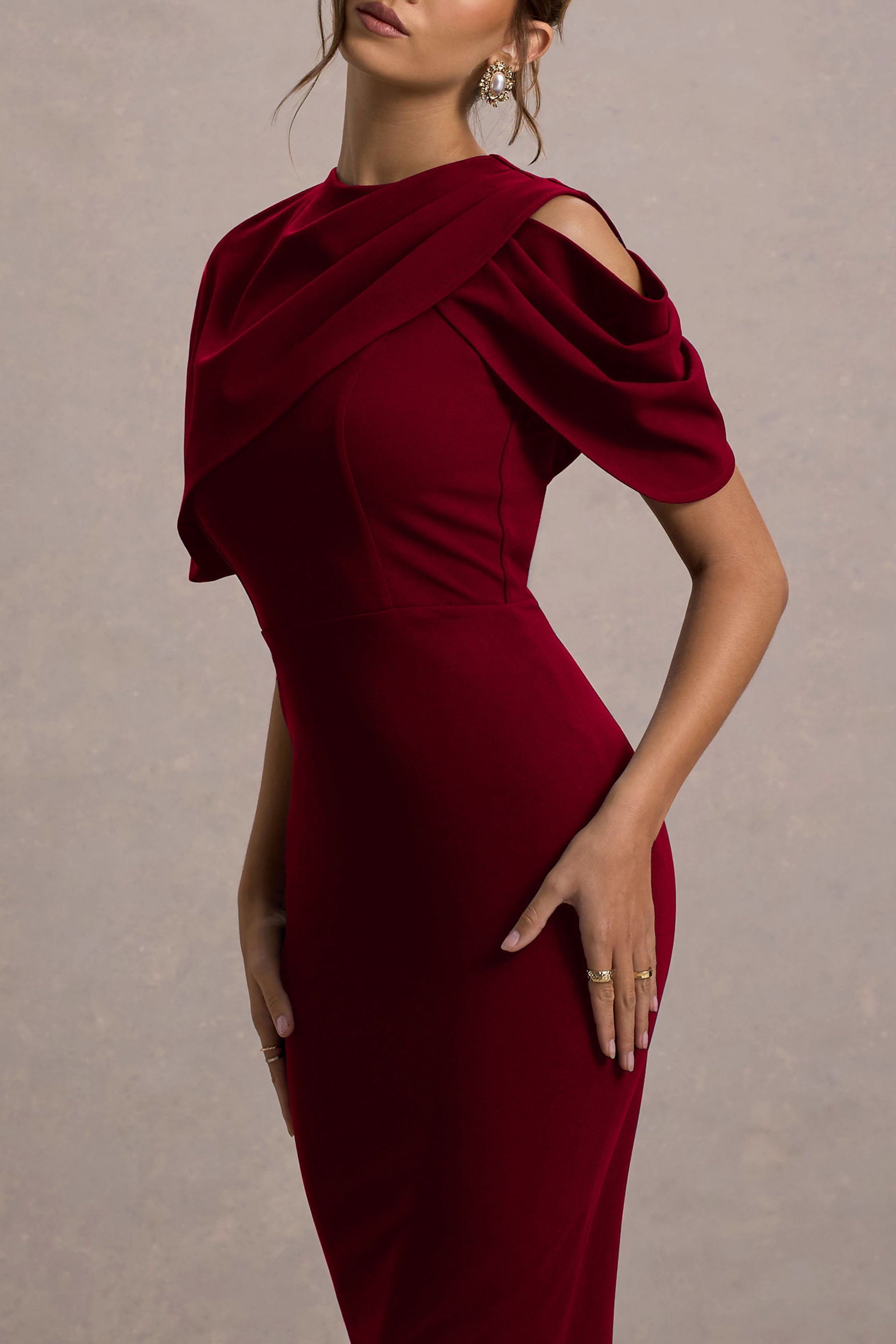 Dorothea | Berry Draped Midi Dress With Cape